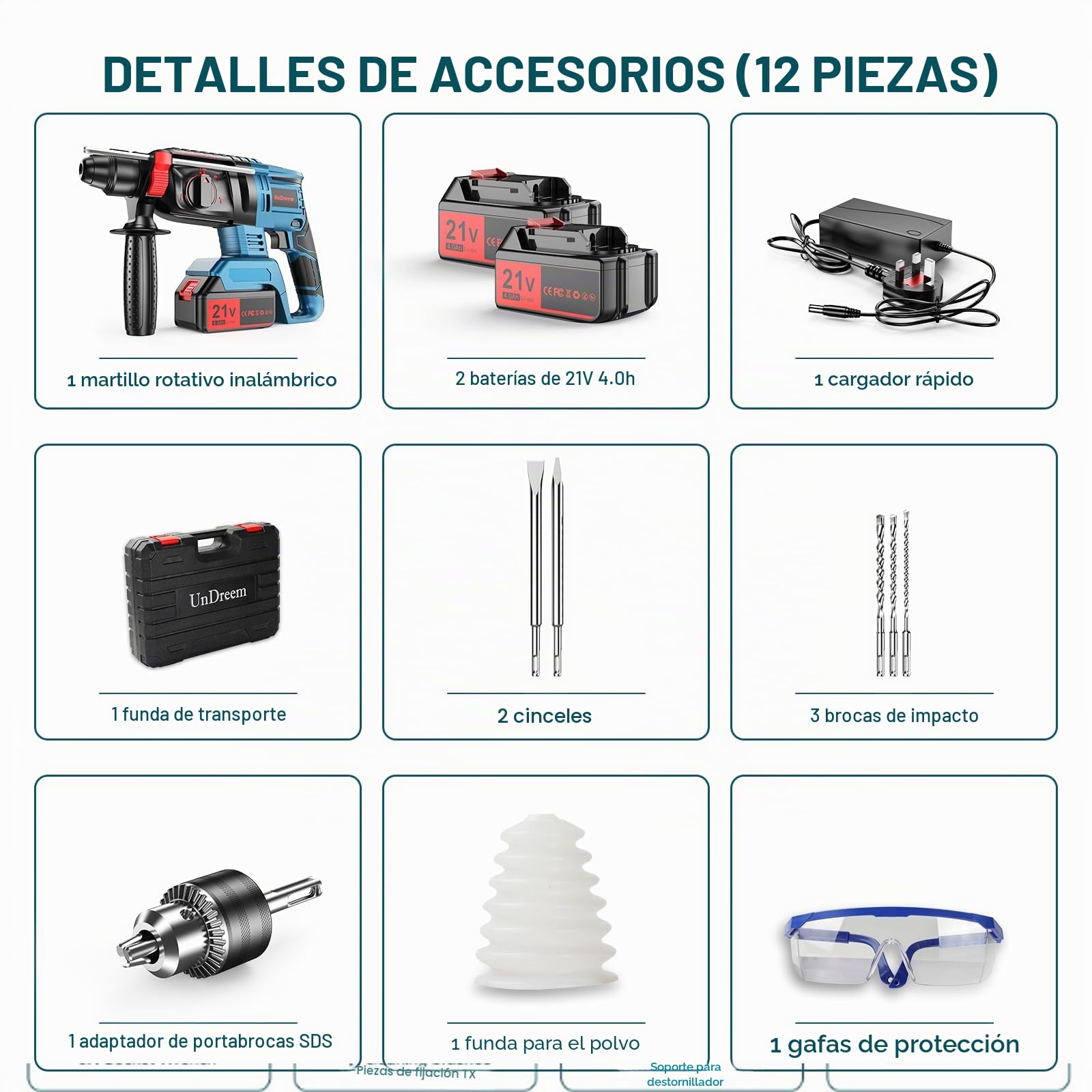 Martillo Perforador a Batería, Martillo Percutor 21V con 2 Baterías de 4000mAh, 4 Funciones en 1, Adaptador SDS Plus (con Portabrocas, Para Martillos Perforadores), 3 Brocas, 2 Cinceles