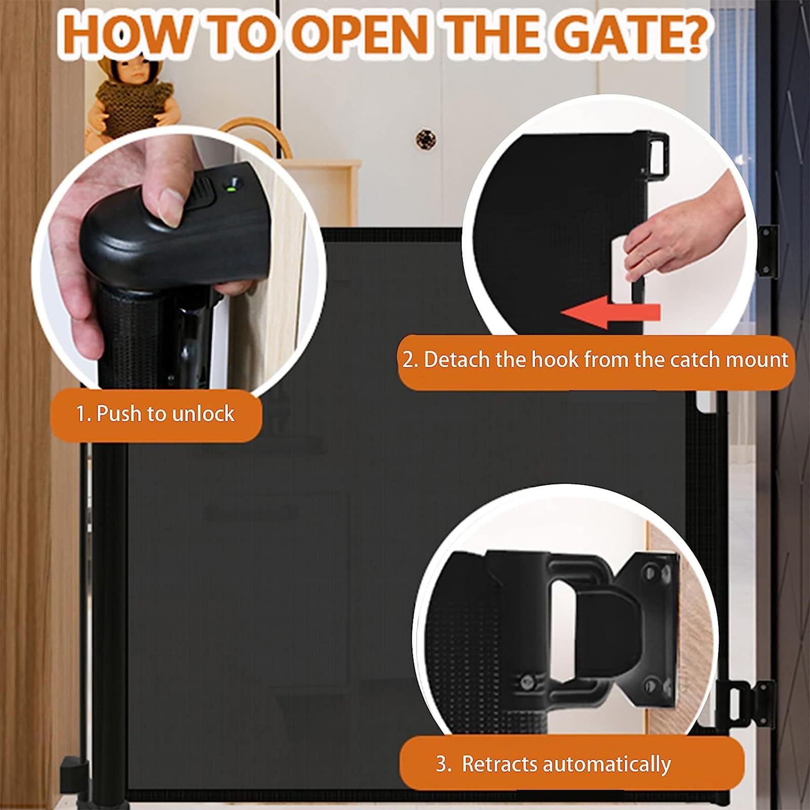 PandaEar Cancelletto di Sicurezza per Bambini 140 CM Ampio | Design Retrattile per Casa o Viaggi | Porte Scale Corridoi Interni Esterni (Nero)