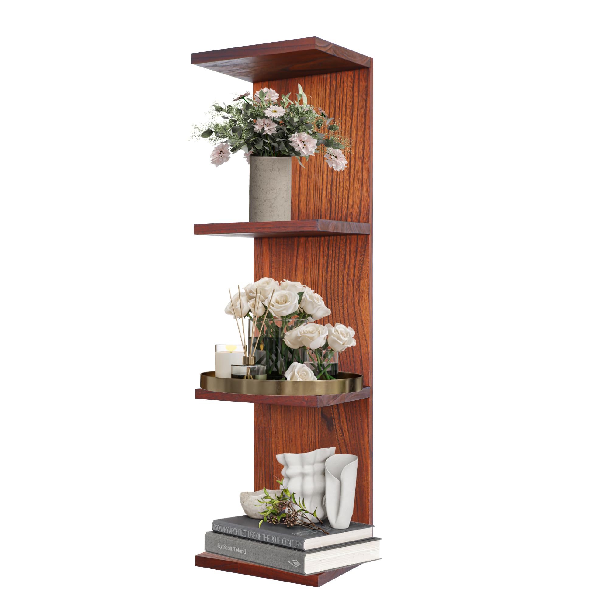 FURAOMEILI 4 Tier Wall Shelf Unit,Vertical Column Floating Storage Home Decor Organizer,Walnut Lack Wall Shelf for Bedroom,Living Room,Office Decor(1 Pack)