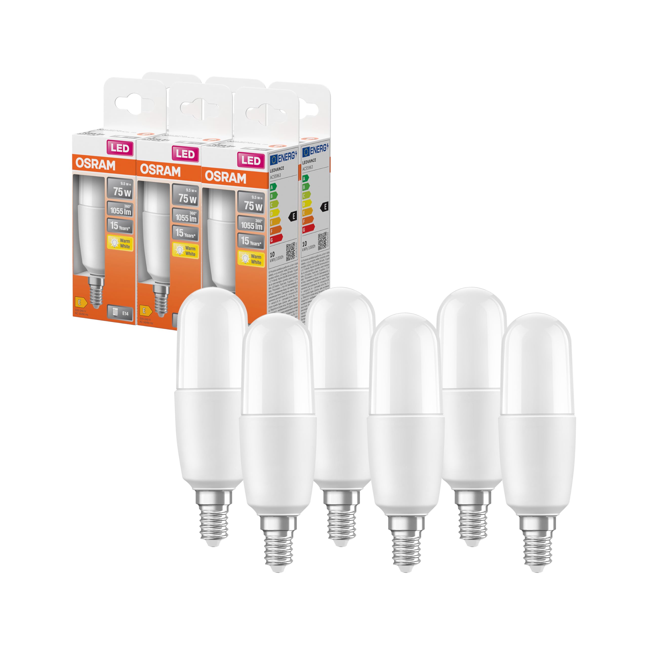 OSRAM LED STAR STICK, Attacco: E14, Bianca Fredda, 4000 K, 8 W, Equivalenti a 60 W, LED STAR STICK, Opaco, Confezione da 6 Pezzi