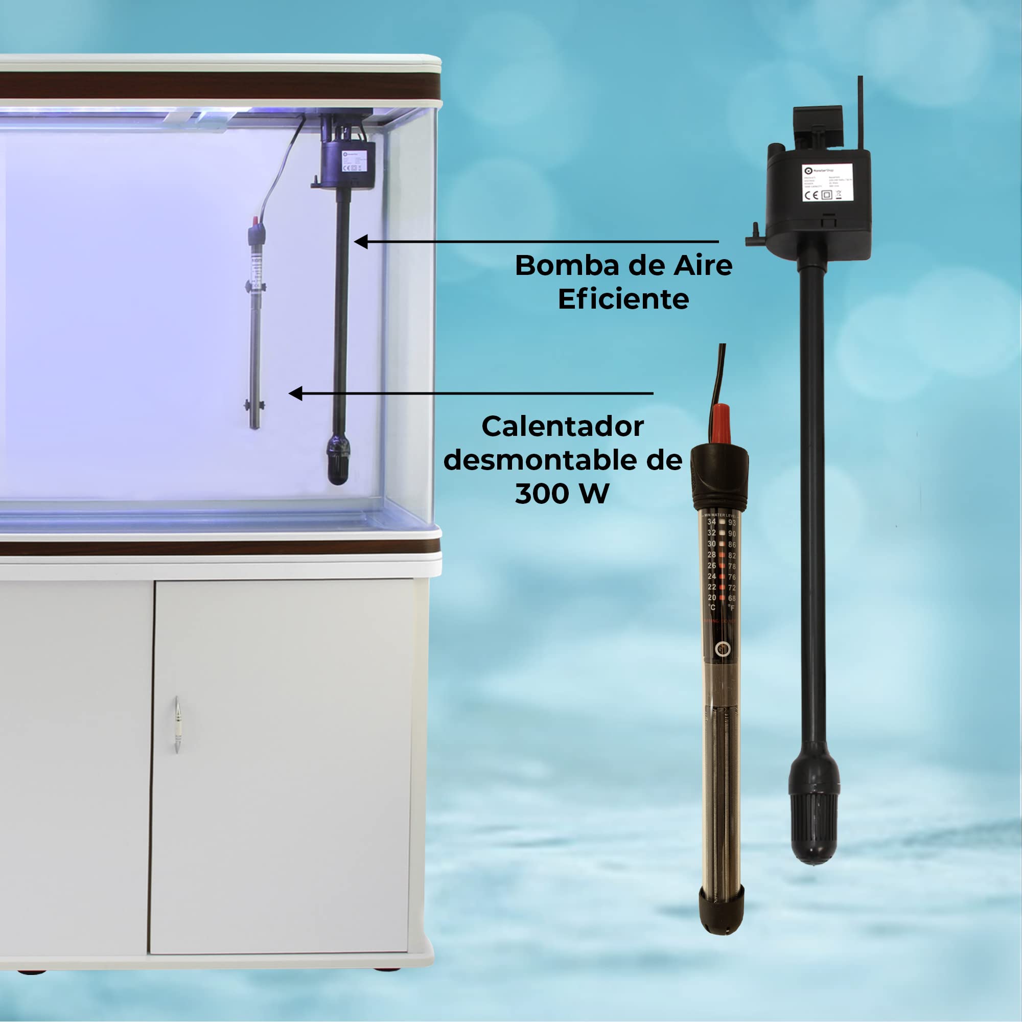 Pecera Acuario 300 litros para Peces de Agua Dulce,Tropicales + Marinos con Mueble Blanco,Calentador 300W Ajustable,Filtro,Bomba de Aire,Zona Observación 180º + Luz LED, 2 Años Garantía Eléctrica