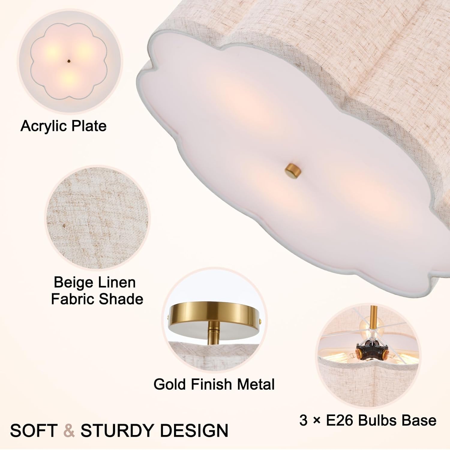 18" Semi Flush Mount Ceiling Light Modern 3-Lights Gold Drum Ceiling Light Fixture with Fabric Linen Shade, Vintage Ceiling Lighting for Living Room, Kitchen, Basement, Laundry Room, Bedroom