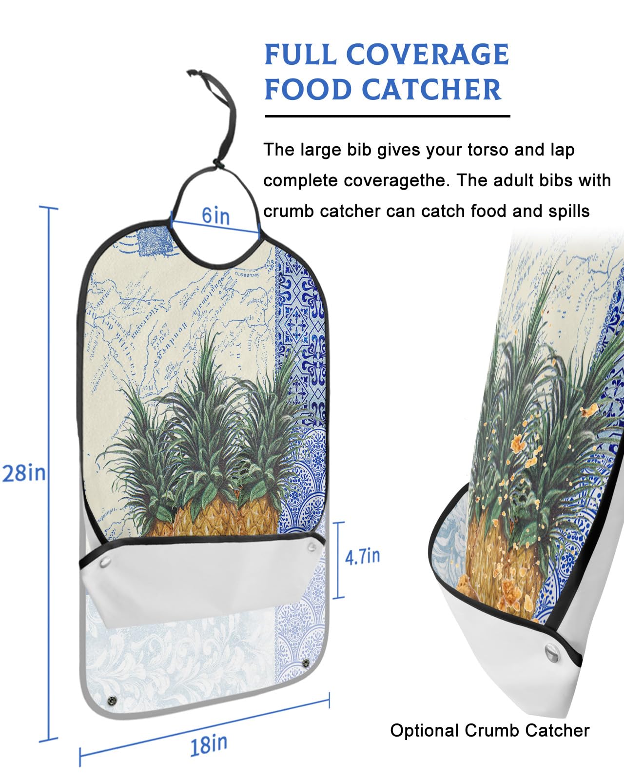 Summer Fruits Adult Bibs for Eating, Waterproof Bibs with Food Catcher & Adjustable Snap Closure, Farmhouse Blue and White Porcelain Washable Clothing Protectors Adult Bibs for Elderly Women/Men