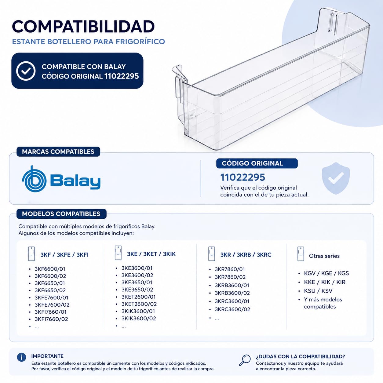 CABLEPELADO - Estante Botellero Frigorífico Compatible con Balay (46.5 x 10 x 12.5 cm) | Bandeja Inferior para Botellas | Recambio Código Original 11022295