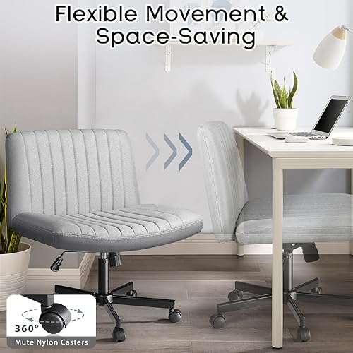 Miniatura 4 de PUKAMI Silla cruzada con ruedas, silla de escritorio de oficina acolchada de tela sin brazos cruzados para oficina en casa, asiento ancho giratorio