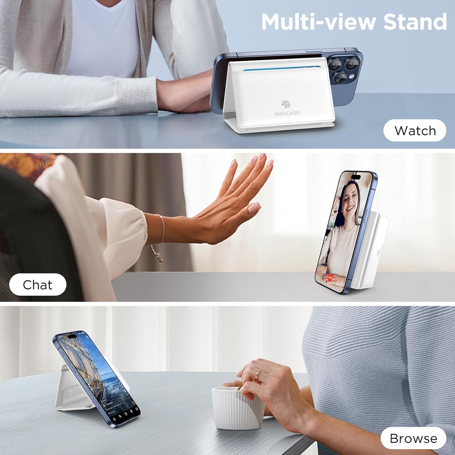 Image showing an iPhone supported by the Miracase Magnetic Wallet in both landscape and portrait stand modes for watching, chatting, and browsing.