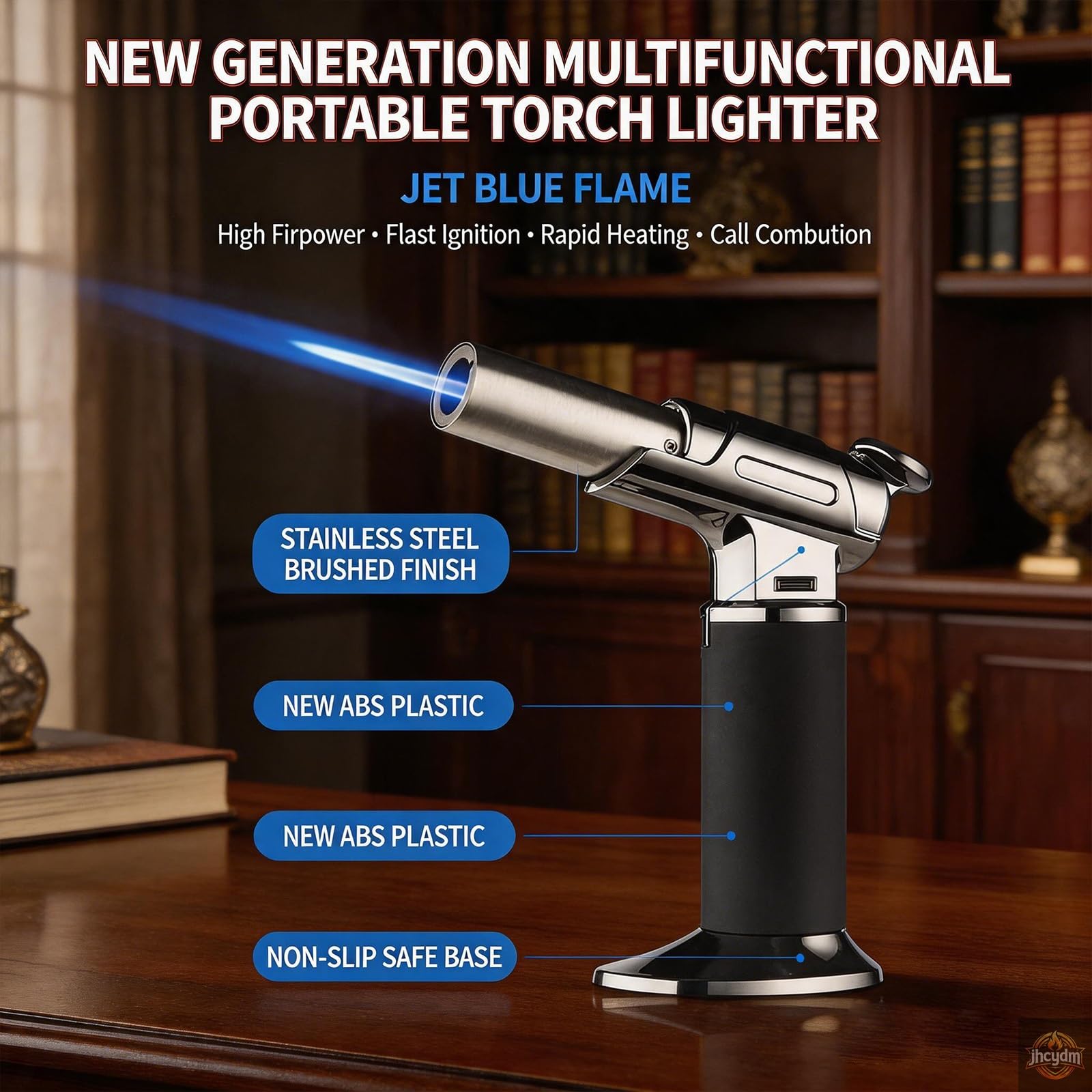Briquet Torche doté d'un verrou de sécurité, d'une Flamme Unique réglable et d'un gaz Rechargeable. Briquet Butane Portable Coupe-Vent, adapté aux Pique-niques, aux Bougies, à l'