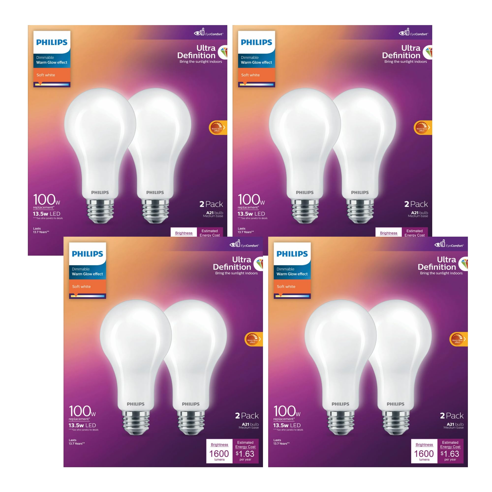 LED Dimmable Warm Glow Effect A19, Flicker-Free, EyeComort Technology, 1600 Lumen, 2200K-2700K, 16W=100W, E26 Base, Title 20 Certified - 8 Bulbs