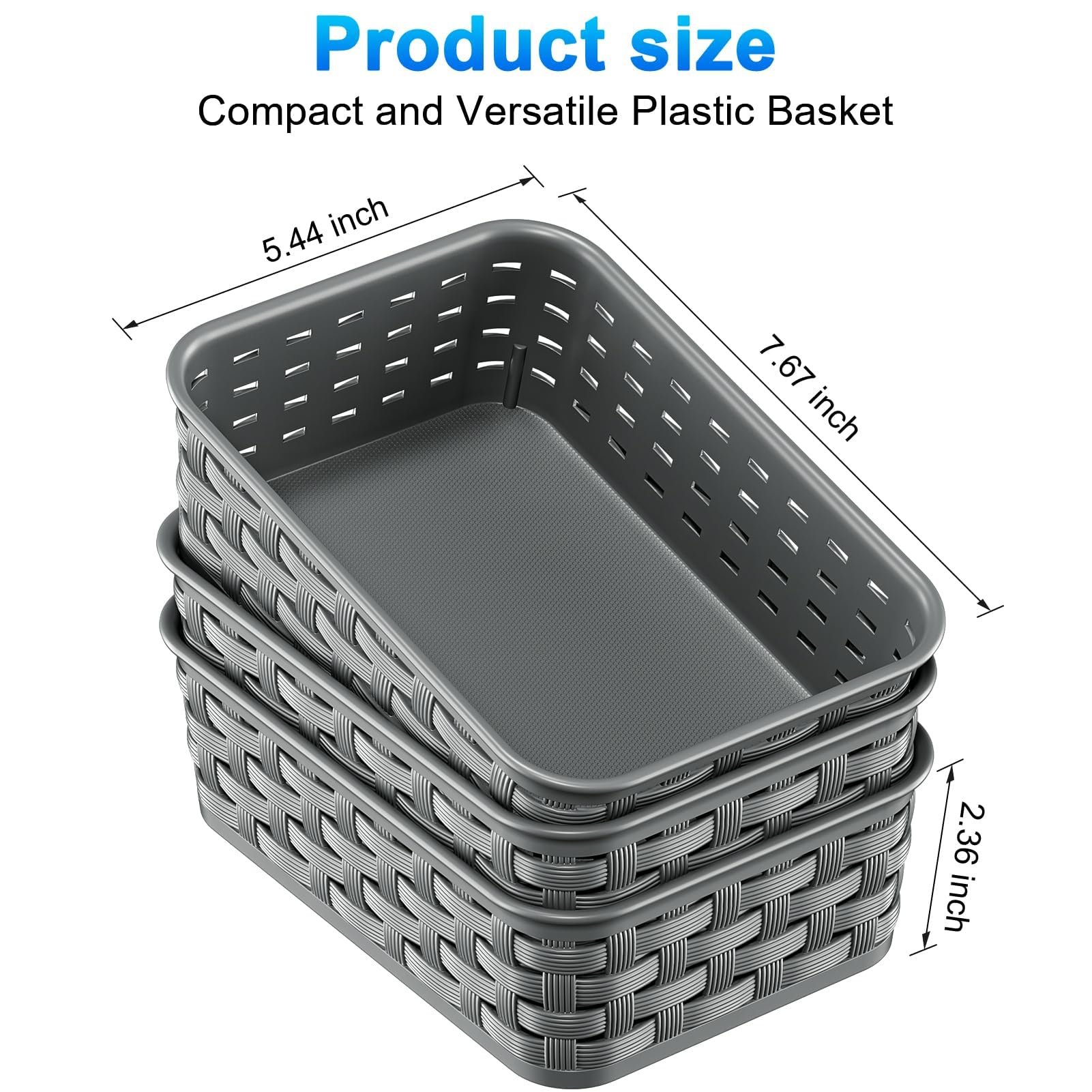 Lot de 3 petits paniers de rangement en plastique pour organisation, garde-manger, buanderie, chambre, cuisine, armoires, comptoirs, gris foncé
