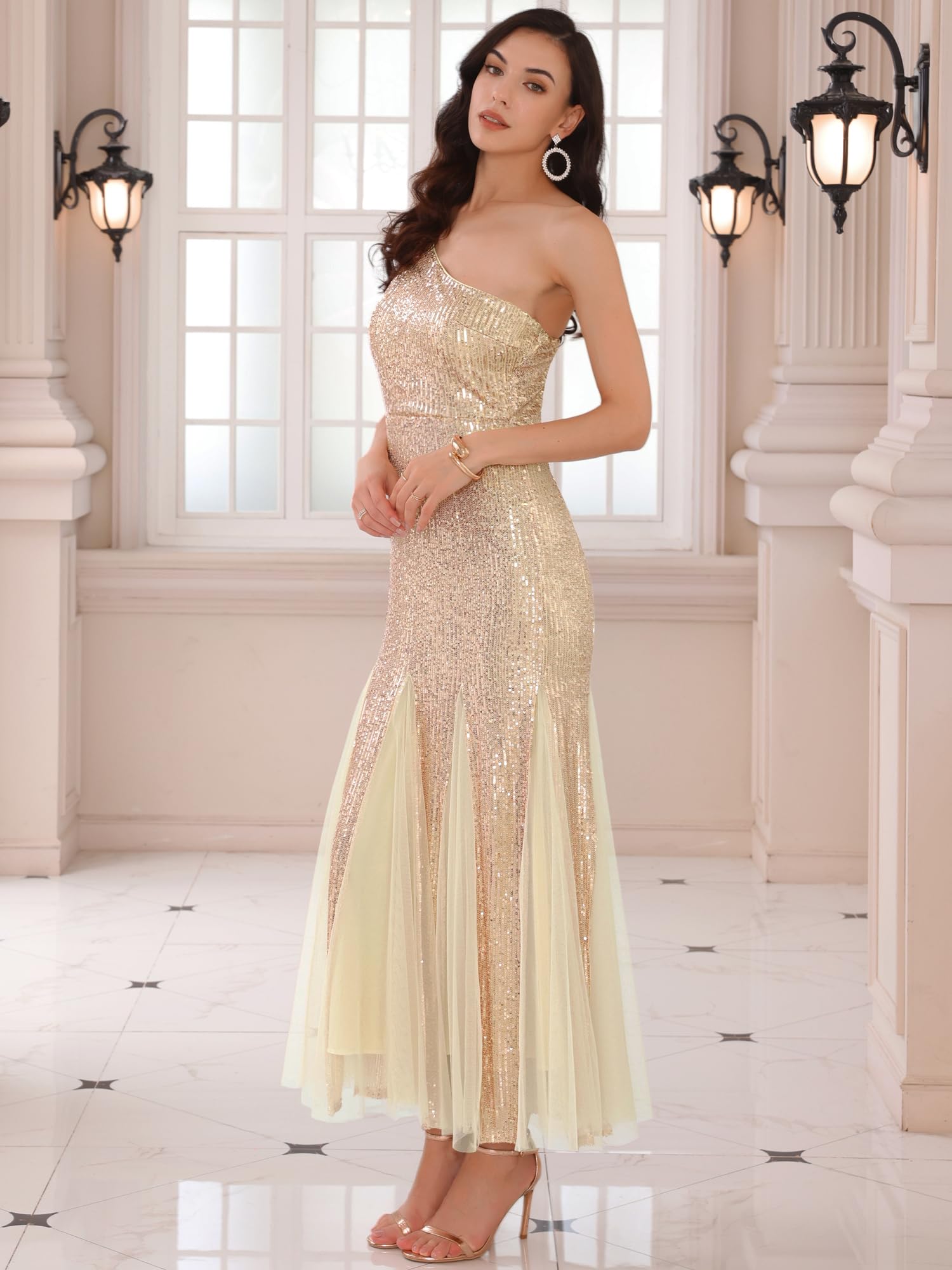 Donna 2025 Paillettes Spalla Singola Abito da Ballo | Design con Paillettes Lucenti Bagliore per Serata Festa e Nozze Scelta Sformale Stupefacente