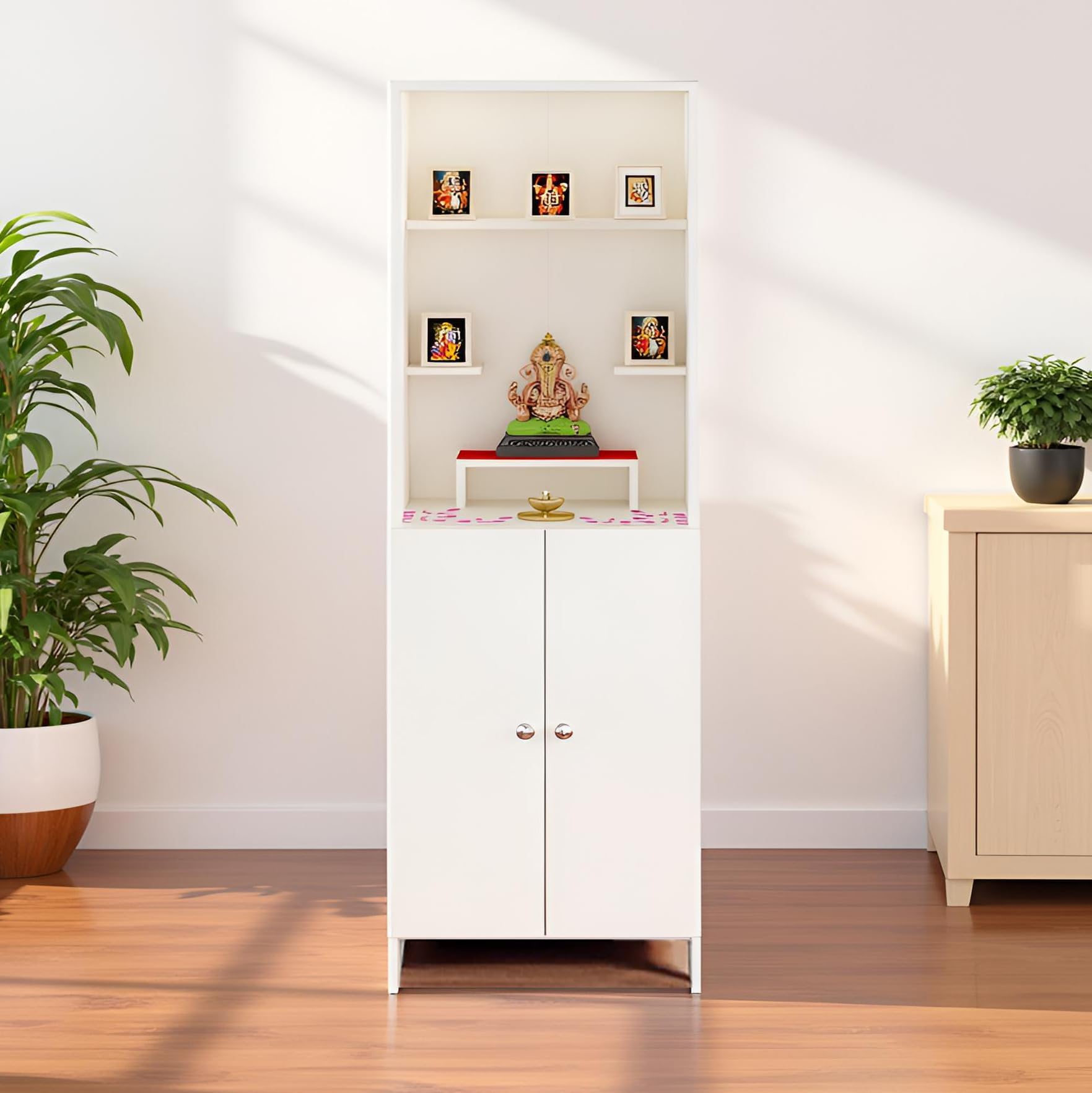 FURNEASER Anvika Engineered Wood Pooja Mandir for Home | Modern Design Temple for Home & Office | Puja Stand Shelf | Prayer Cabinet Shelf (White)