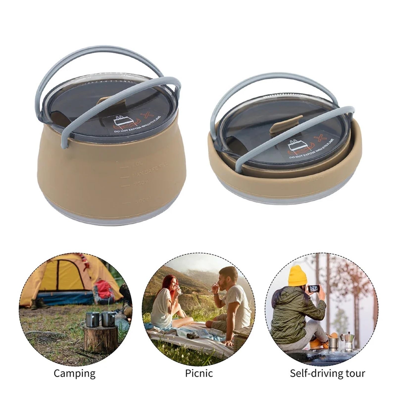 Pentole da campeggio pieghevoli in silicone portatili resistenti al calore, compatibili for picnic all'aperto(SetB)