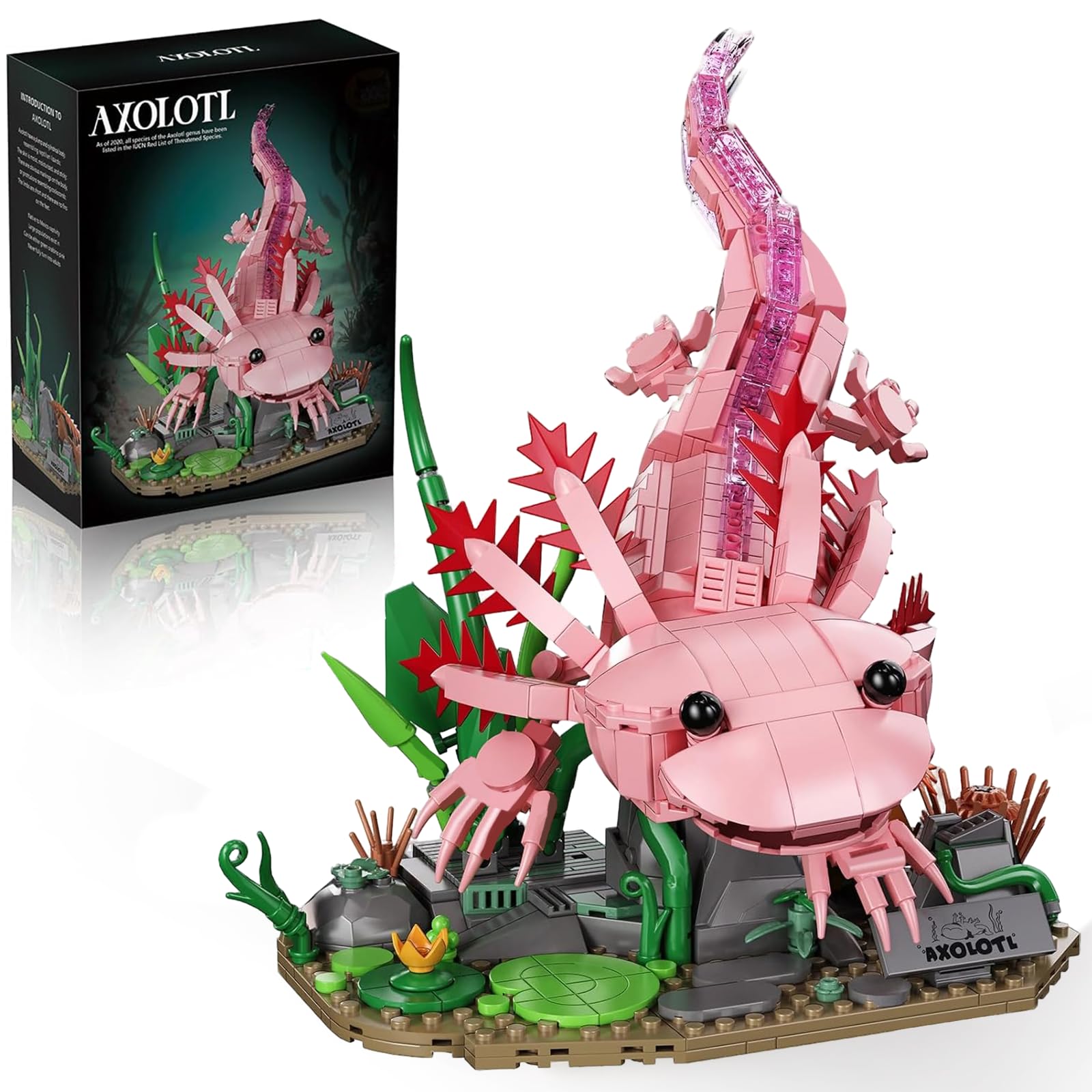 Axolotl Building Block Set Compatible with Major Brands,Axolotl Animals Building Blocks with Movable Joints and Display Base, Marine Animal Decor Model Creative Party Gifts For Young People 15+