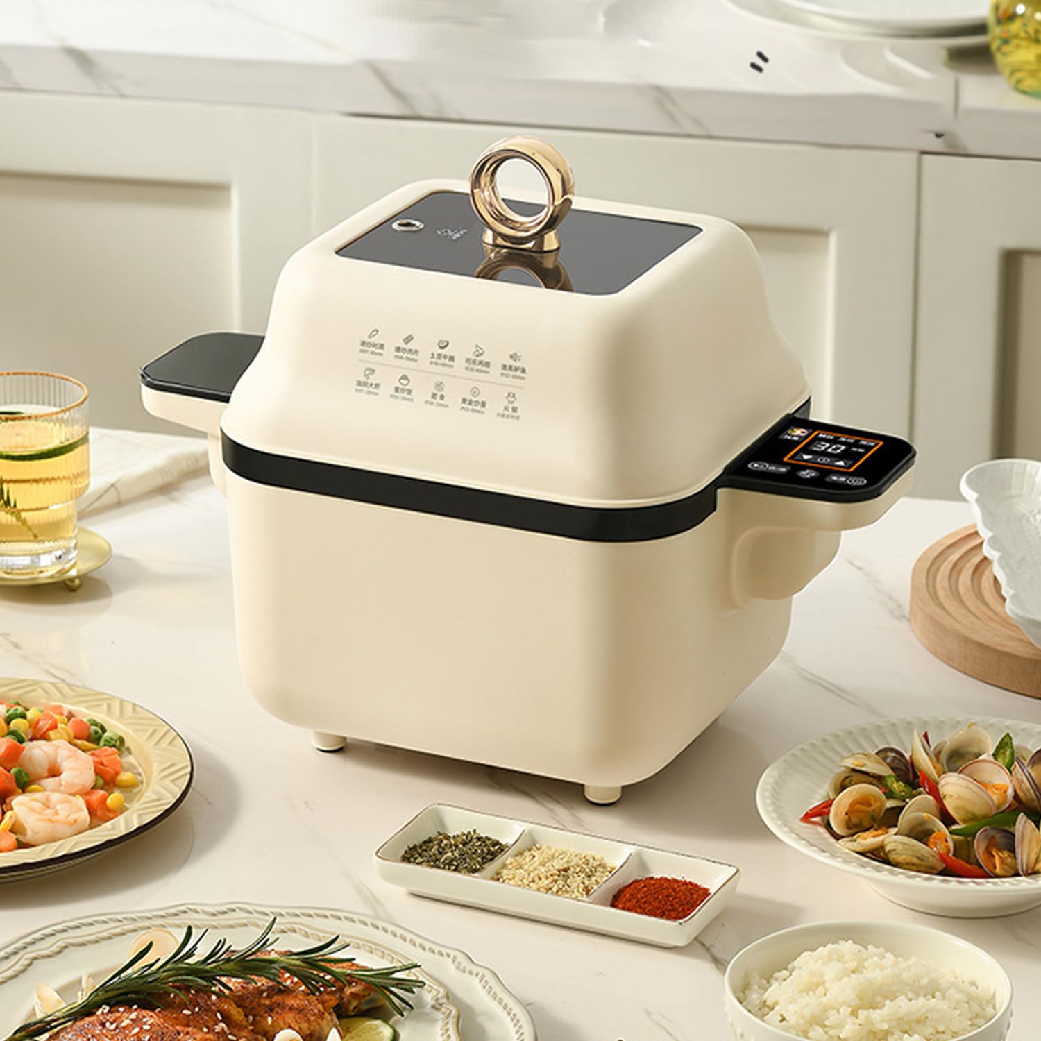 Automatyczna maszyna do gotowania, inteligentna maszyna do gotowania, 1300 W Multi Cooker Food Processor 360 ° Automatyczny obrót z ekranem dotykowym i nieprzywierającym garnkiem do smażenia