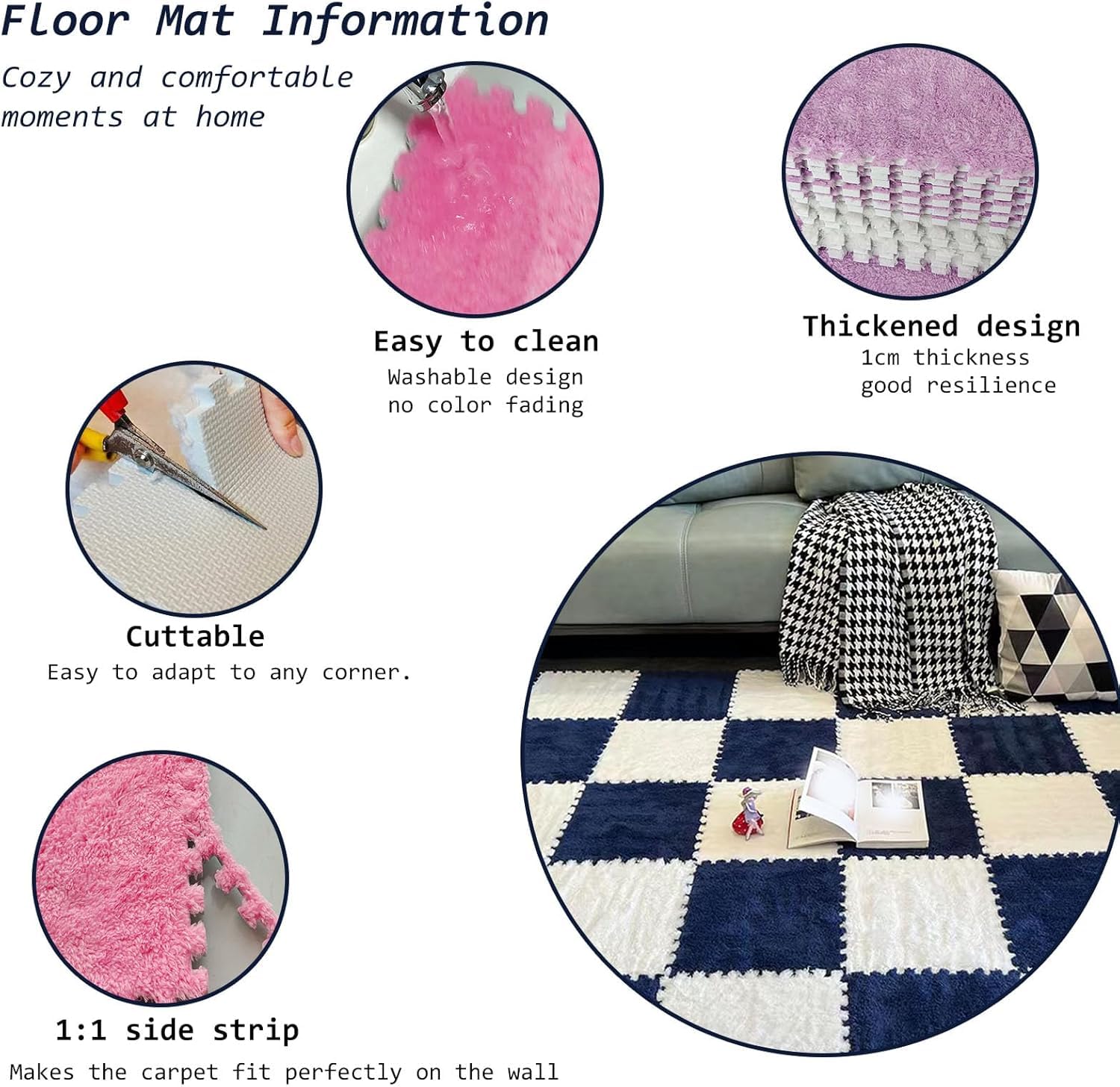 10 Stück Plüsch-Patchwork-Schaumstoff-Bodenmatte, quadratische ineinandergreifende Matten, Puzzle-Schaumstoff-Bodenmatte(White+Gray)