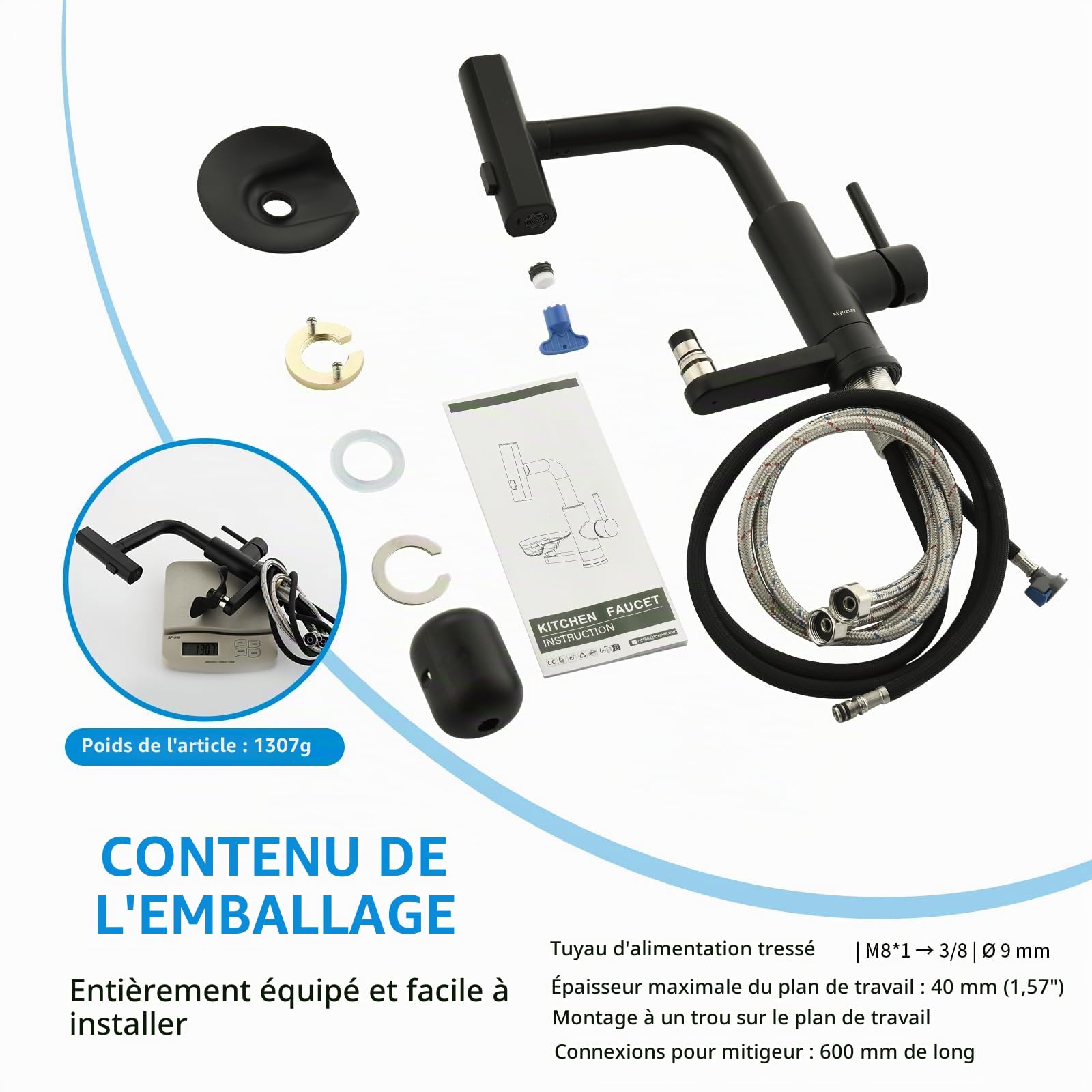 Robinet Cuisine Noir Lave-verres Mitigeur Extractible à 3 Modes de Sortie | Mitigeur Mynaiad Robinet Cuisine Douchette Lave-verres, 3 Flux, Rot 360°, Acier 304 Brossé Adapté Cuisine, Bar, salle de Bain
