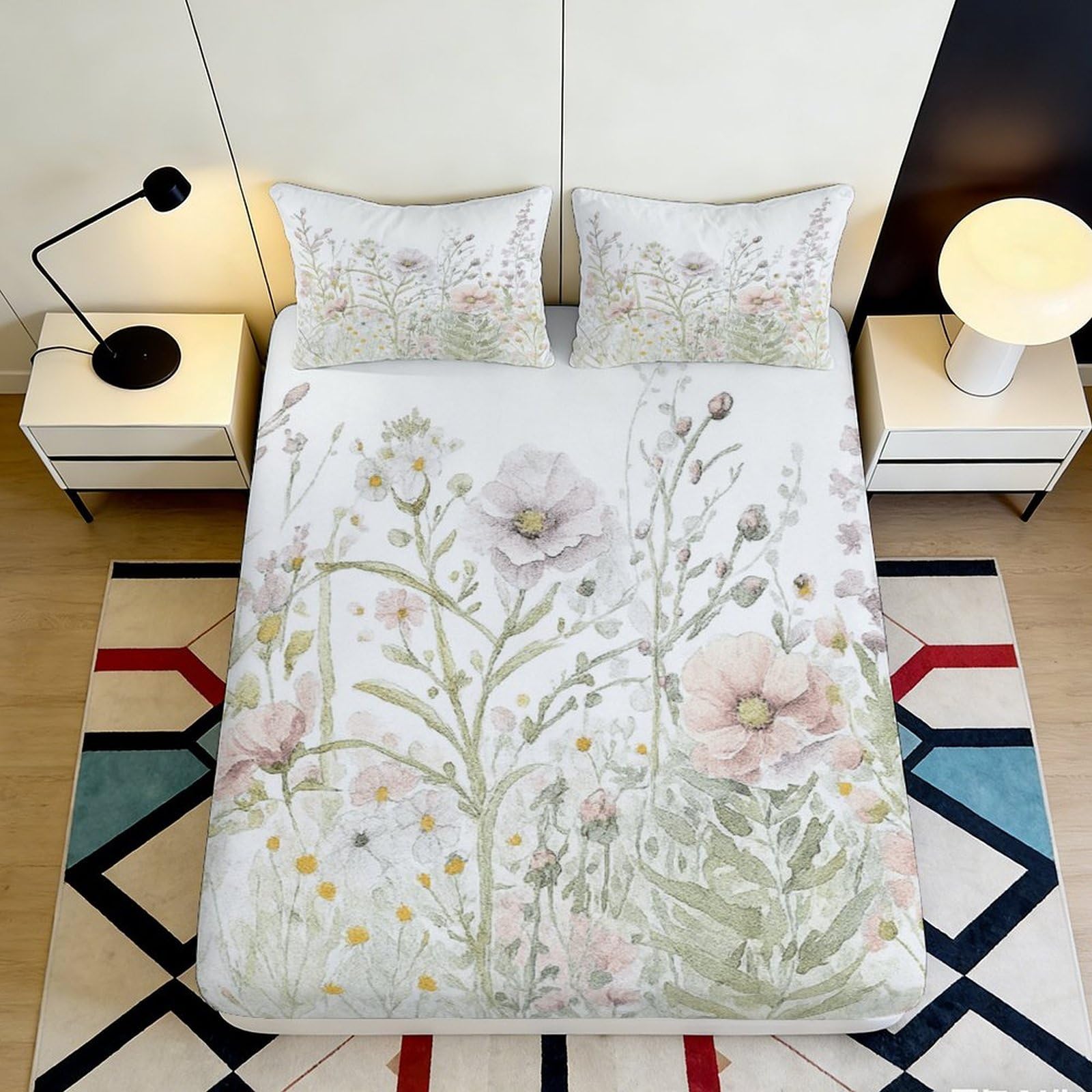 3D Printed Pastel Wildflowers Fitted Sheet Microfiber Soft Floral Meadow Mattress Cover for Bedroom Guest Room Decor 90x200x25cm