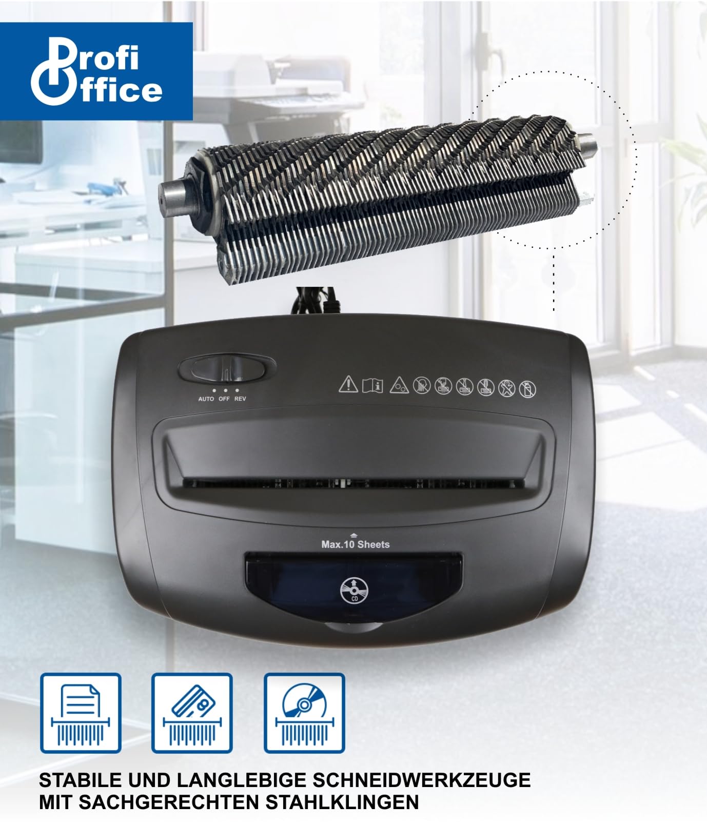 Niszczarka do dokumentów Premium Home Office ProfiOffice Piranha 10CD – cięcie krzyżowe 10 arkuszy jednocześnie, poziom bezpieczeństwa zgodny z P4 RODO, niszczy płyty CD i karty kredytowe w dodatkowym