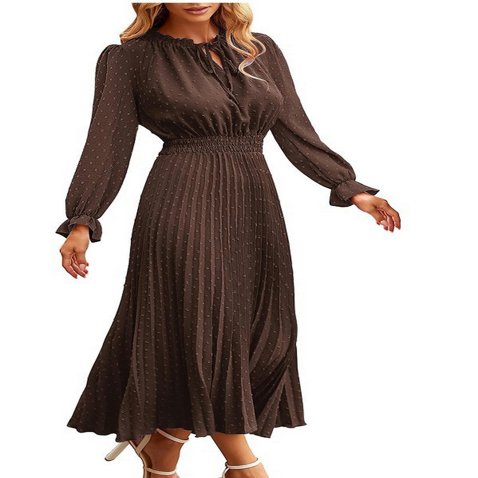 Abito Midi Delle Donne Casual Scollo a V Swiss Dot Plissettato Senza Maniche A-Line Beach Dress, YYEFNMAZ, Maniche lunghe marrone, l