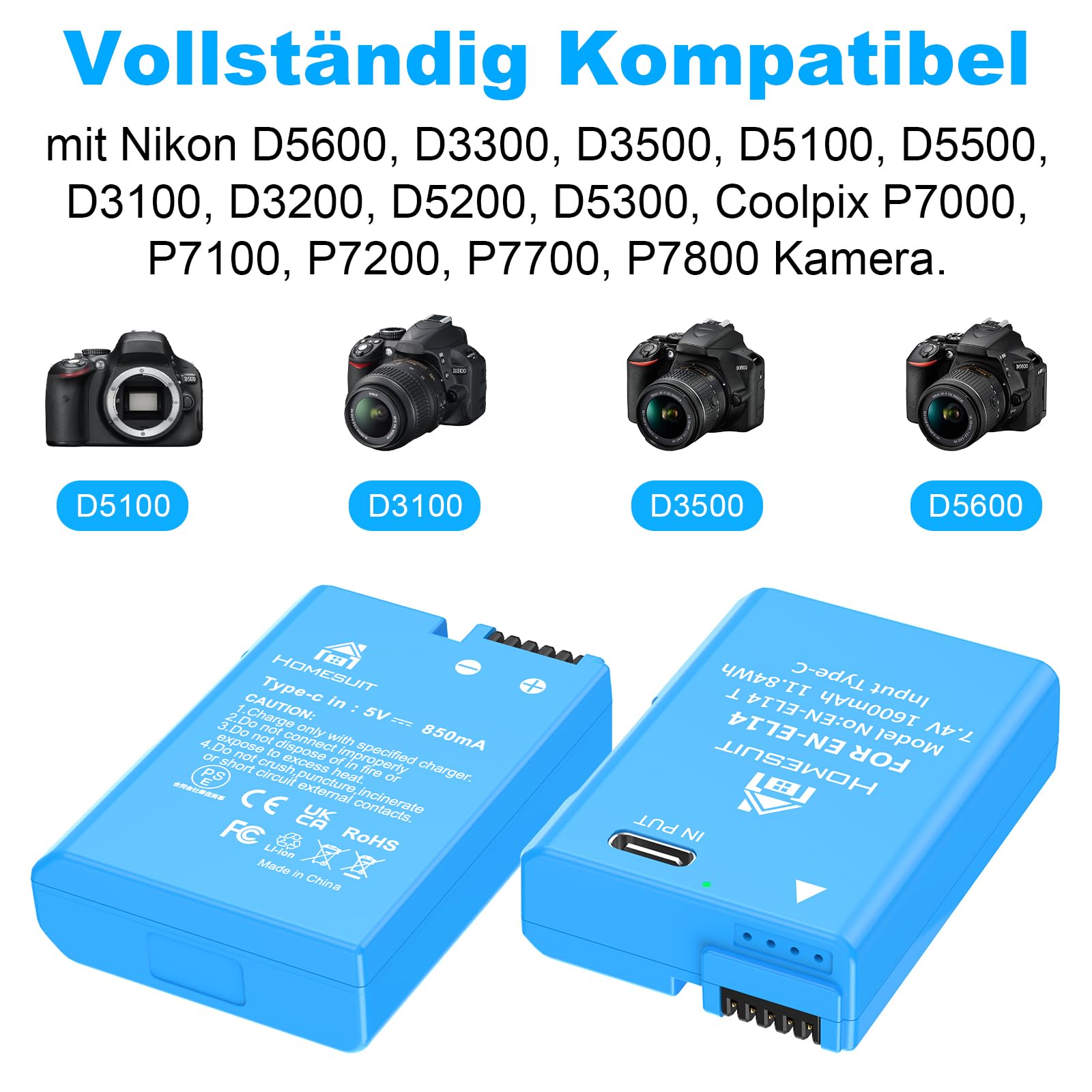 Homesuit EN-EL14 EN-EL14a Akku 1600mAh und 2-in-1 Typ-C Direktladekabel für Nikon D5600 D3300 D3500 D5100 D5500 D3100 D3200 D5200 D5300 Coolpix P7000 P7100 P7200 P7700 P7800 Kamera (2er-Pack)