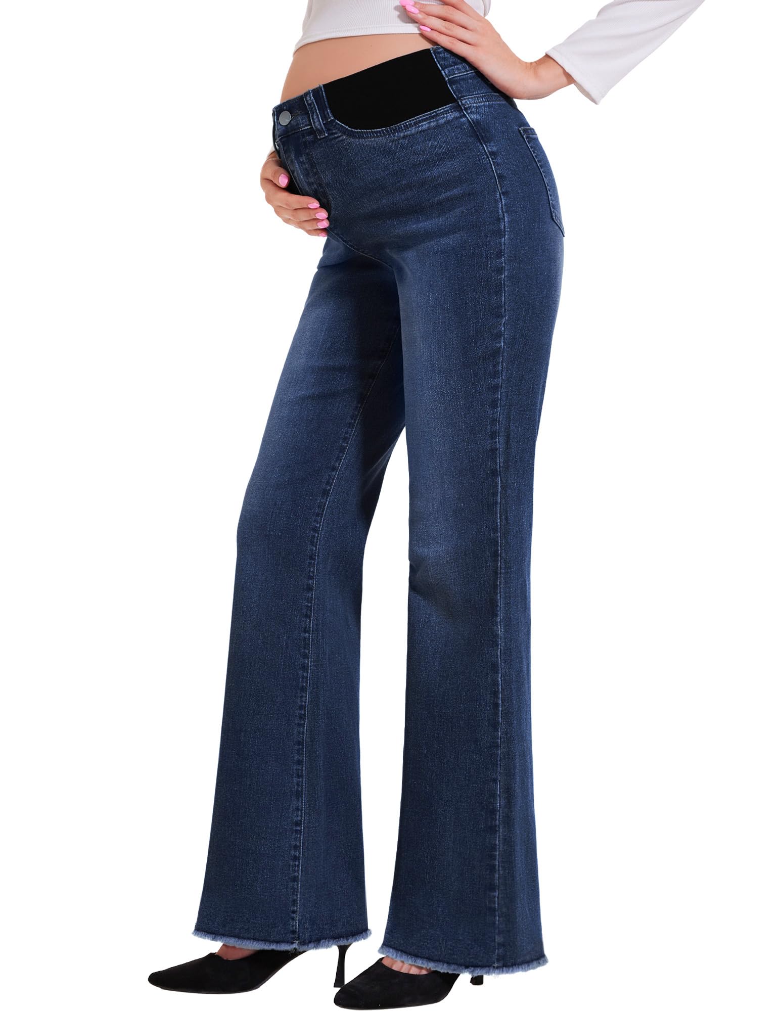 PACBREEZE Women's Maternity Flare Jeans Mid-Rise Stretchy Bell Bootcut Jeans Denim Pregnancy Pants, S-XXL