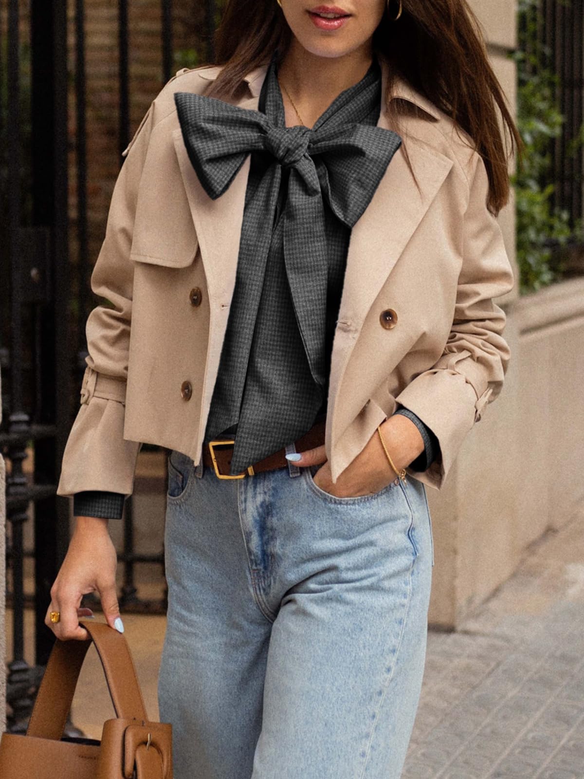 Cicy Bell Camicetta da donna a quadri con fiocco, collo con bottoni, a maniche lunghe, stile casual