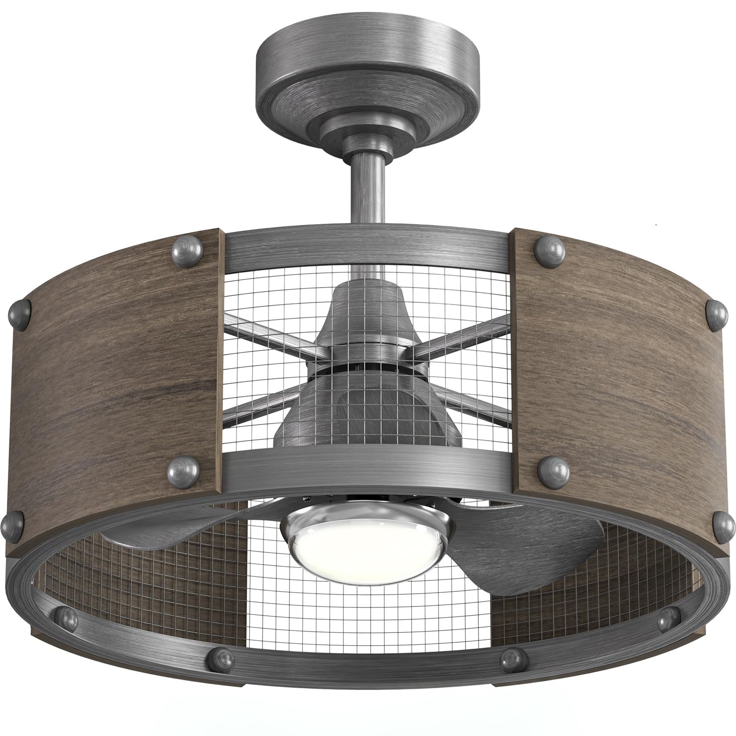 19 Inch Farmhouse Caged Ceiling Fan, Solid Wood&Metal Frame, Industrial Fandelier with Light & Remote Control, Low Profile/Dimmable/6-Speed/Reversible DC Motor, for Living Room Bedroom Kitchen