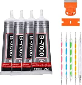 Survol Cola Transparente de Alta Viscosidade B-7000 - Perfeita para Strass, Joias E Miçangas | Ideal para Tecido, Sapatos, Roupas, Telas de Celular, Metal, Pedra, Nail Art E Vidro (4 X 15 Ml/0,5 Oz)