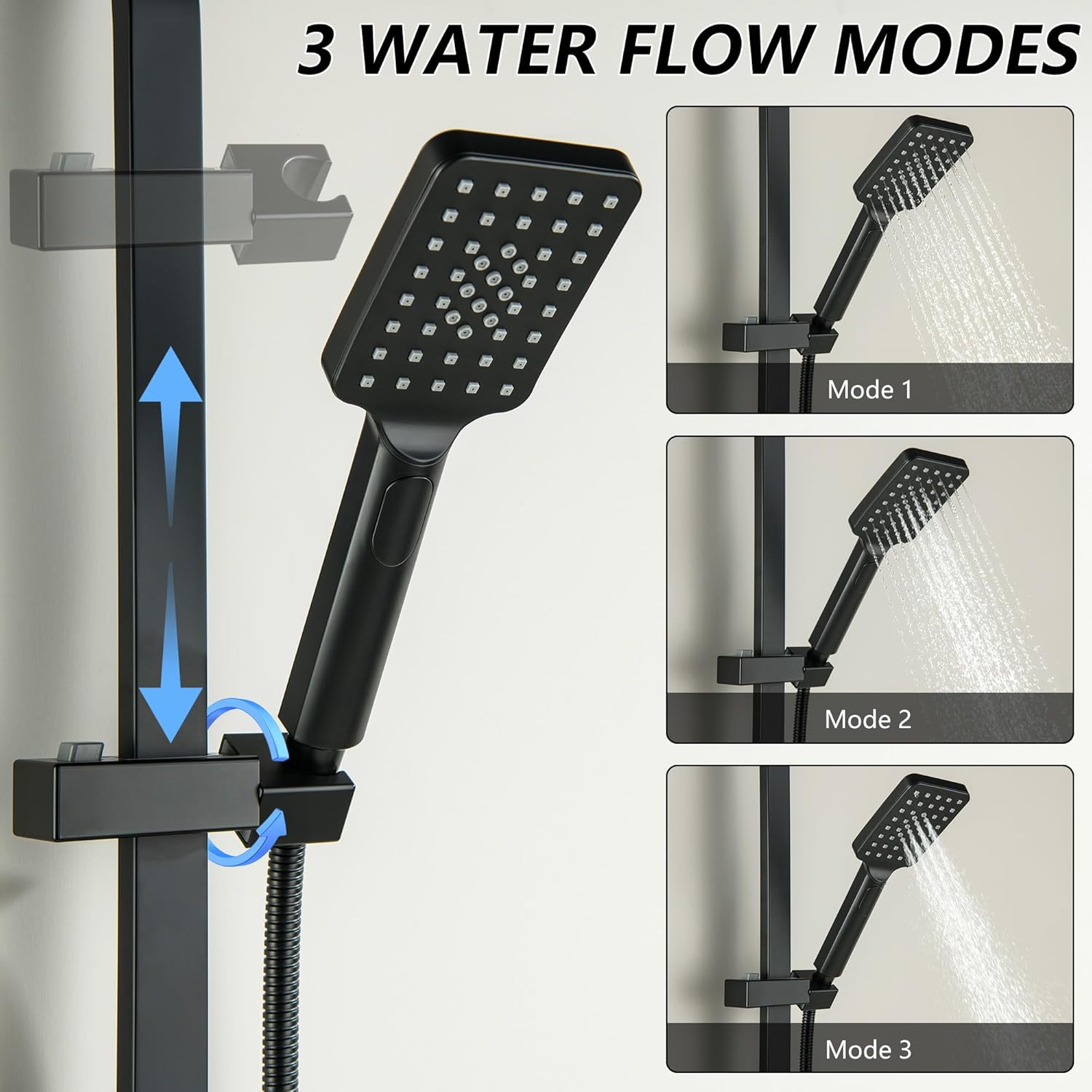 Shower Head with Slide Bar, Matte Black 25.5" Adjustable Height Slide Bar with Hand Shower Square Hand Shower with Slide Bar