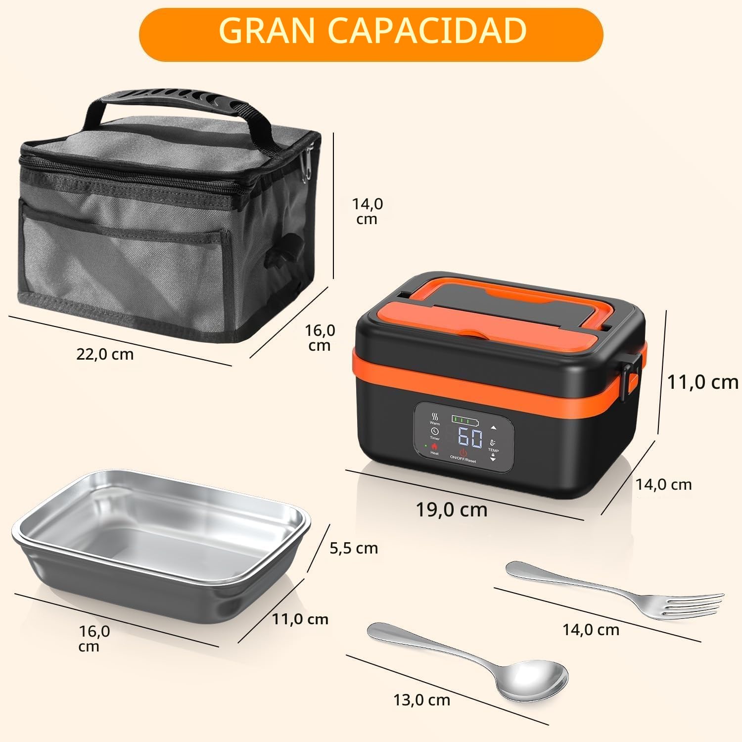 1 L cuenco calefactor, almuerzo caja calefactora para adultos con batería, recargable para almuerzo, caja eléctrica con temporizador y función, con vajilla de acero inoxidable y bolsa isotérmica
