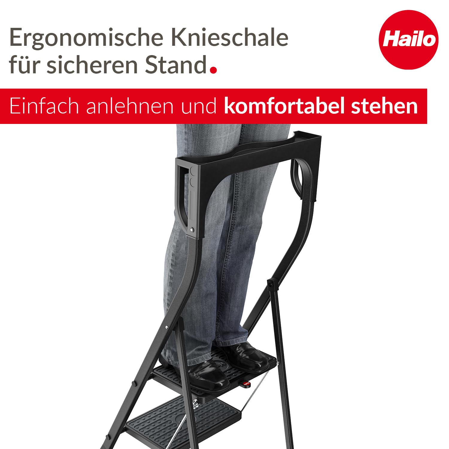 Hailo K77 ComfortLine Klapptritt - 3-stufige Trittleiter aus Stahl mit Sicherheitsbügel und Ablageschale - Arbeitshöhe bis 2,69 m - Gewicht: 6,8 kg - Schwarz