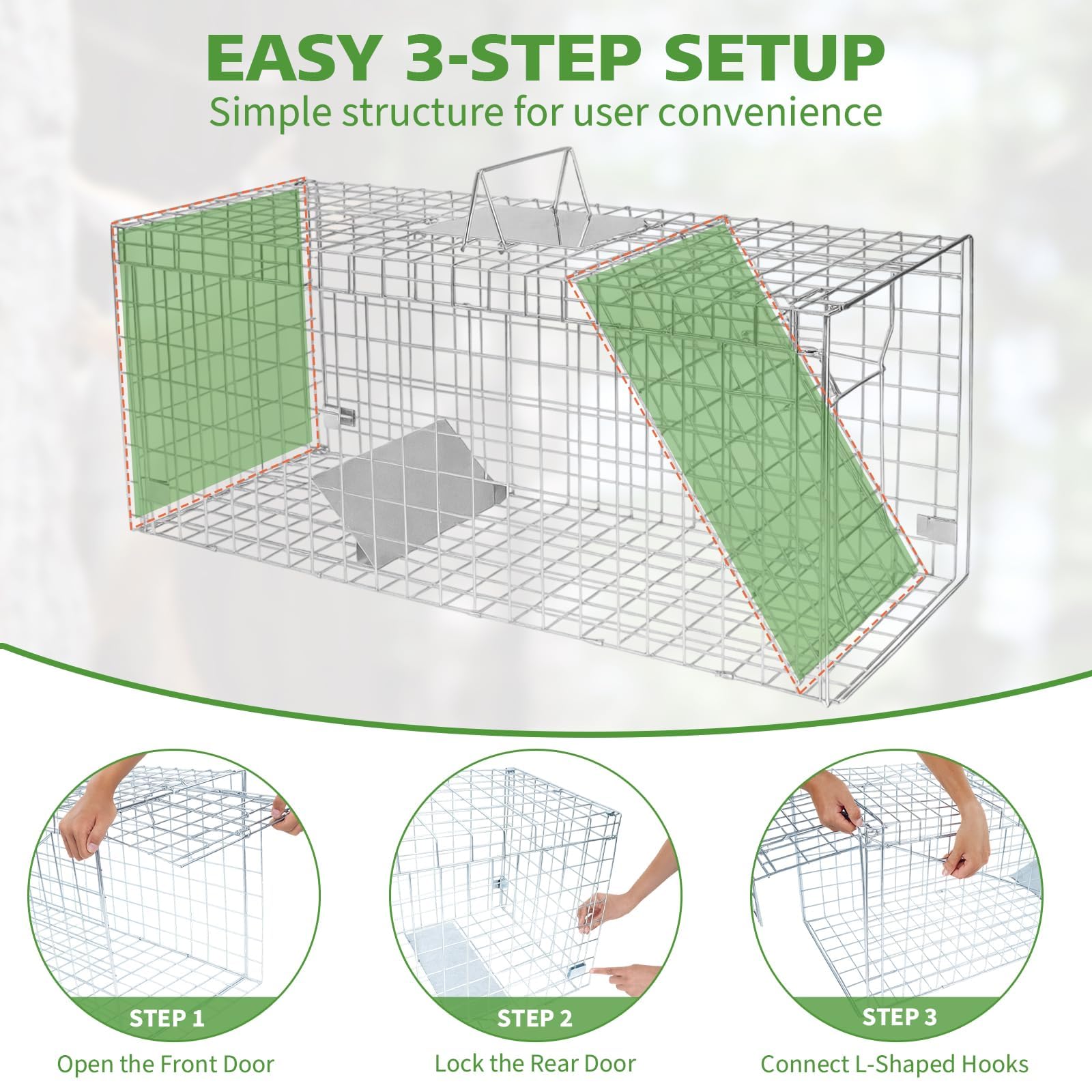 Humane Live Animal Trap Cage, 43" ×16" ×17.7" Collapsible Heavy Duty Raccoon Trap Animal Cage, Easy to Set and Release Live Trap, for Dogs, Foxes, Coyotes, Raccoons and Similar-Sized Animals, Silver — view 6