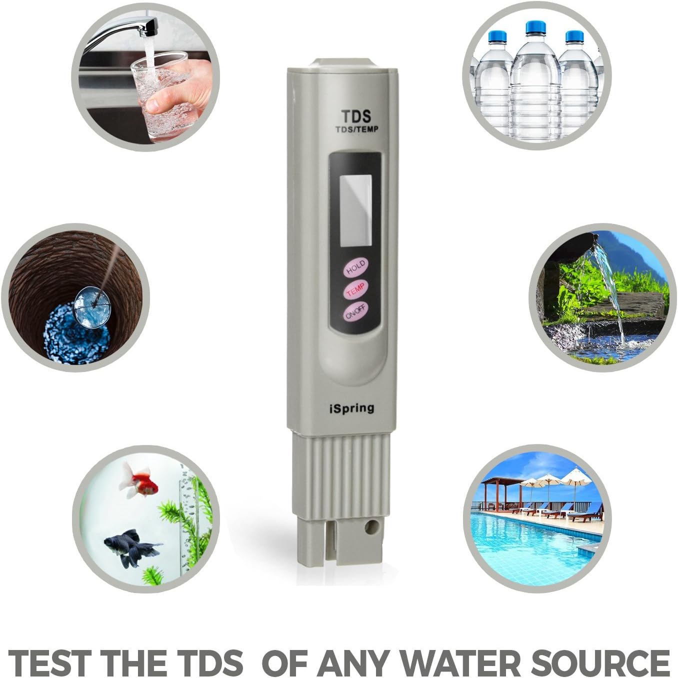 iSpring TDS meter immersed in a glass of water showing a reading of 104 ppm