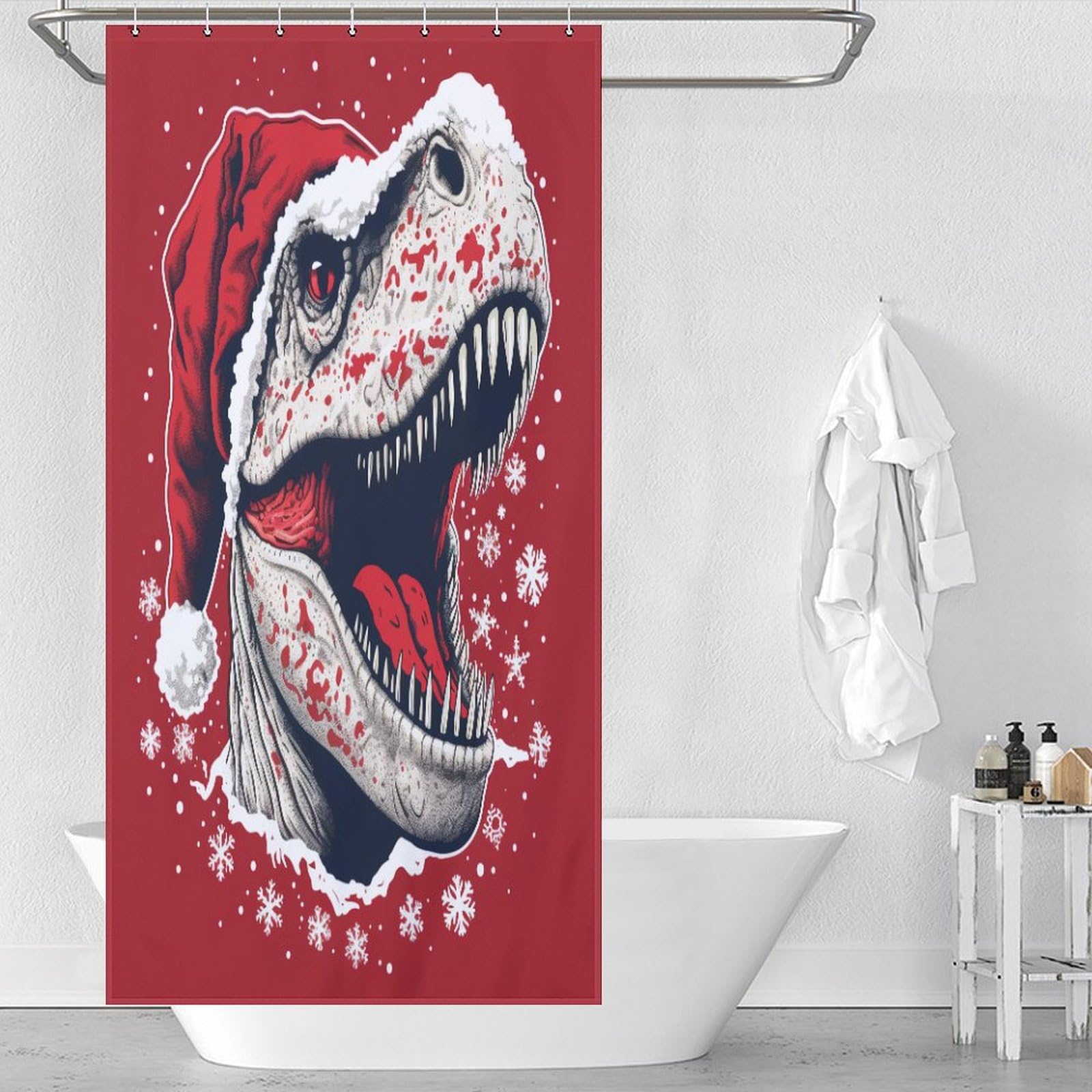 Rideau de douche polyester dinosaure de Noël anti-projections pour petite douche 92x183cm