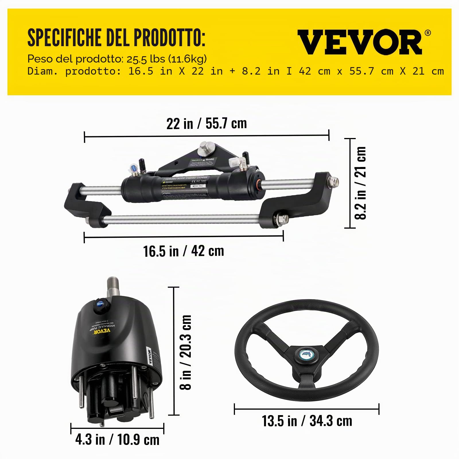VEVOR Kit sterzo Idraulico fuoribordo 300HP, Kit sterzo Idraulico Pompa timone, Kit sterzo Idraulico per Barca con Tubo sterzo Idraulico da 22 Piedi per Sistema di sterzo Barca