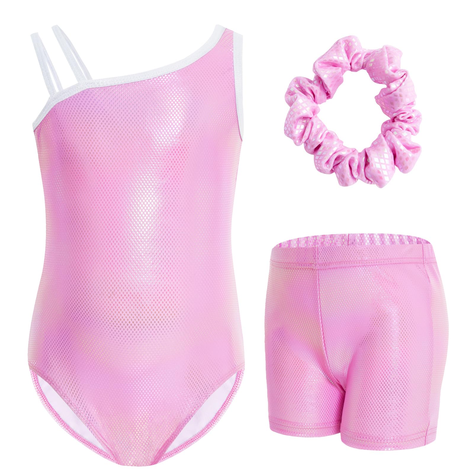 Gogokids Conjunto de gimnasia de tres piezas para niña, cuello en Y, sin mangas, con pantalones cortos y diadema, traje de gimnasia con diseño de bloques de color azul y morado, 3-12 años — view 39