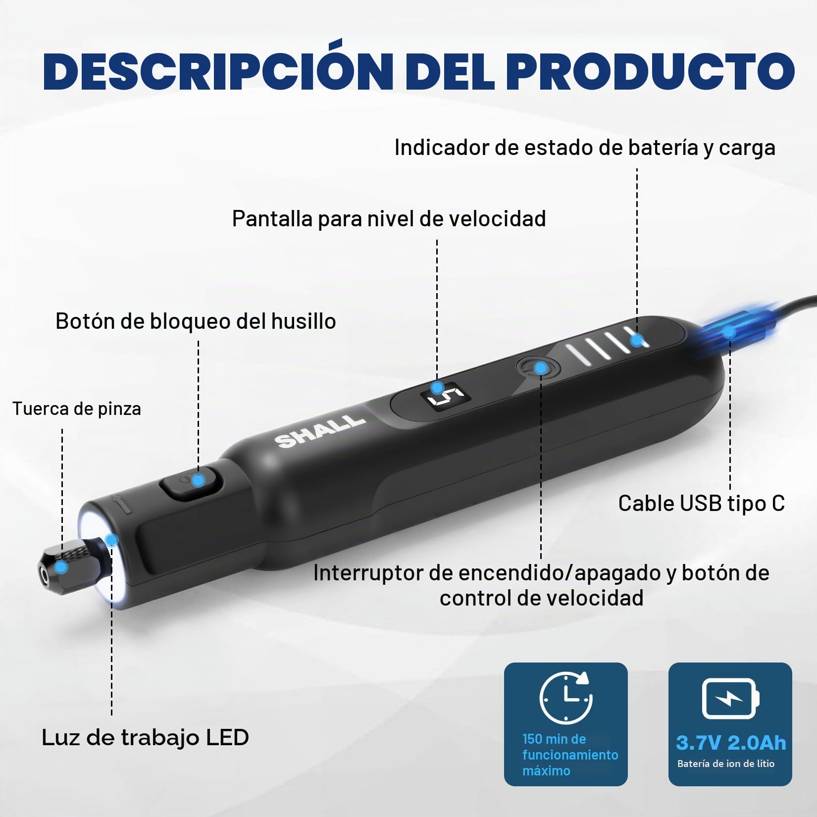 SHALL Mini herramienta giratoria inalámbrica 3.7V, 5000-20000RPM 5 velocidades variables USB recargable con 70 accesorios y luz led, para lijar, pulir, perforar, molir, grabar, cortar, bricolaje