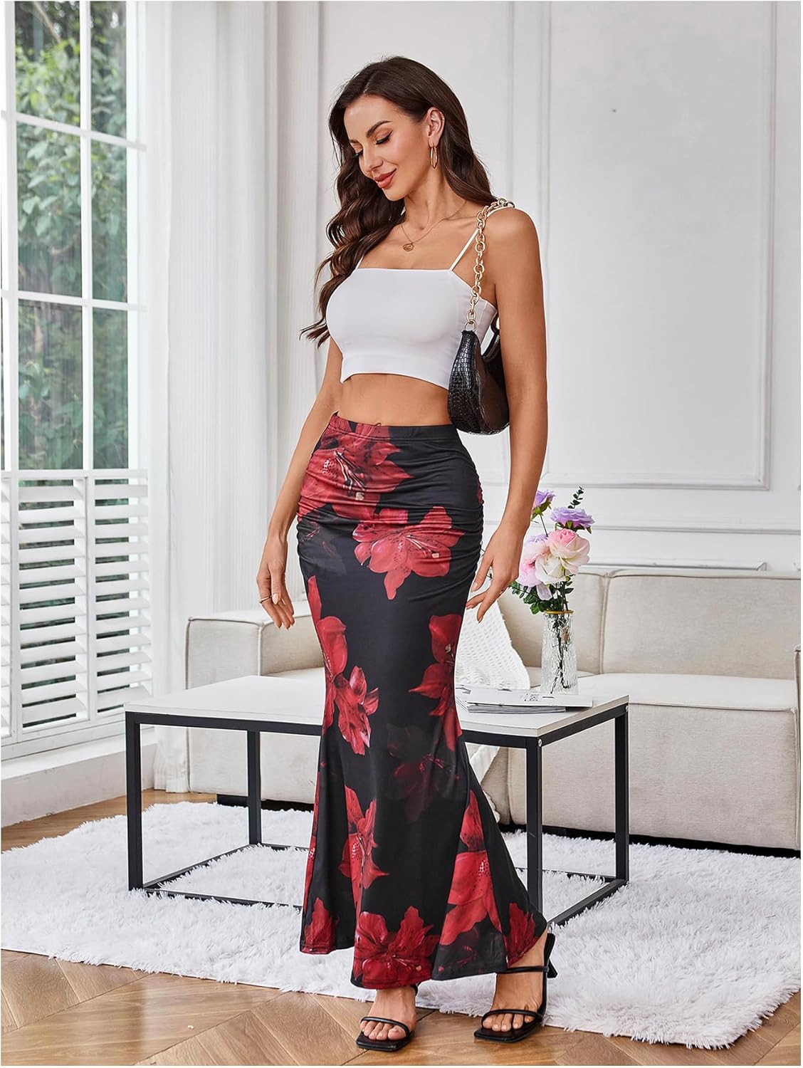 Milumia Women's Floral Long Skirt Tropical Ruched Fishtail Summer Vacation Hawaiian Maxi Skirts - Image 6