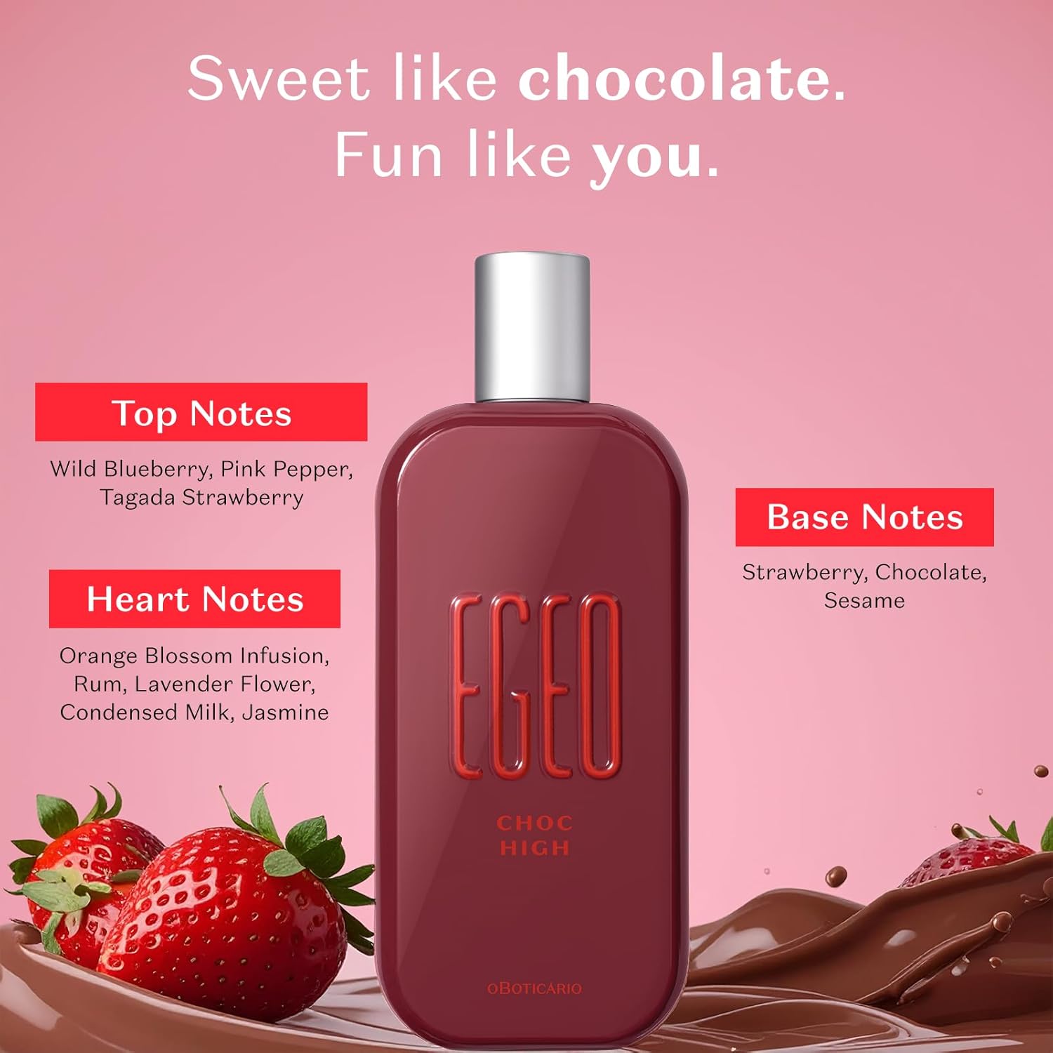 O Boticário Egeo Choc High Eau de Toilette, Sweet Chocolate & Tart Strawberry Gourmand Unisex Perfume, 3 Ounce (90ml)