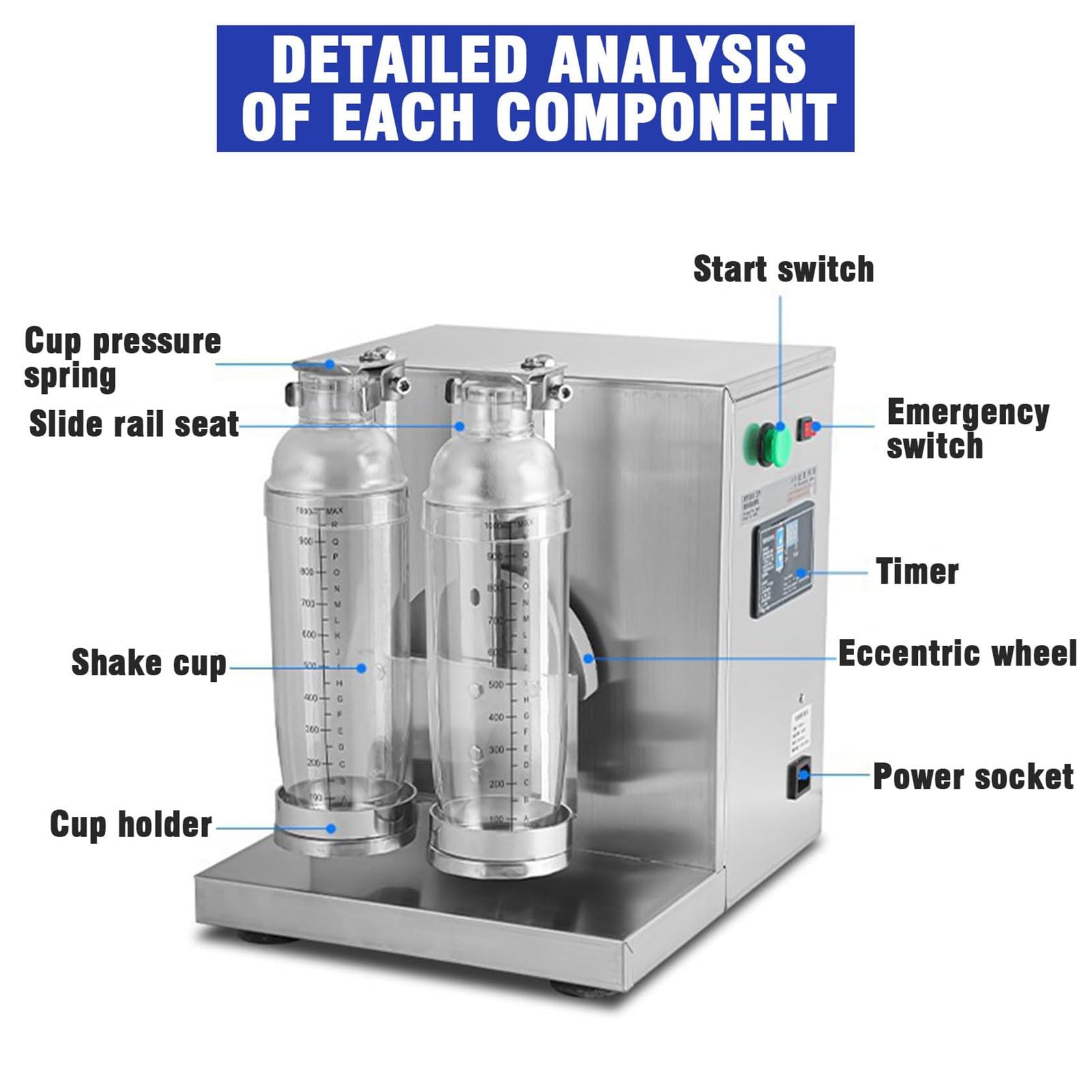 Coctelera Comercial para Té con Leche Y Cócteles, Velocidad Ajustable, Agitación De 360° para Mezclar Té De Burbujas Y Otras Bebidas.