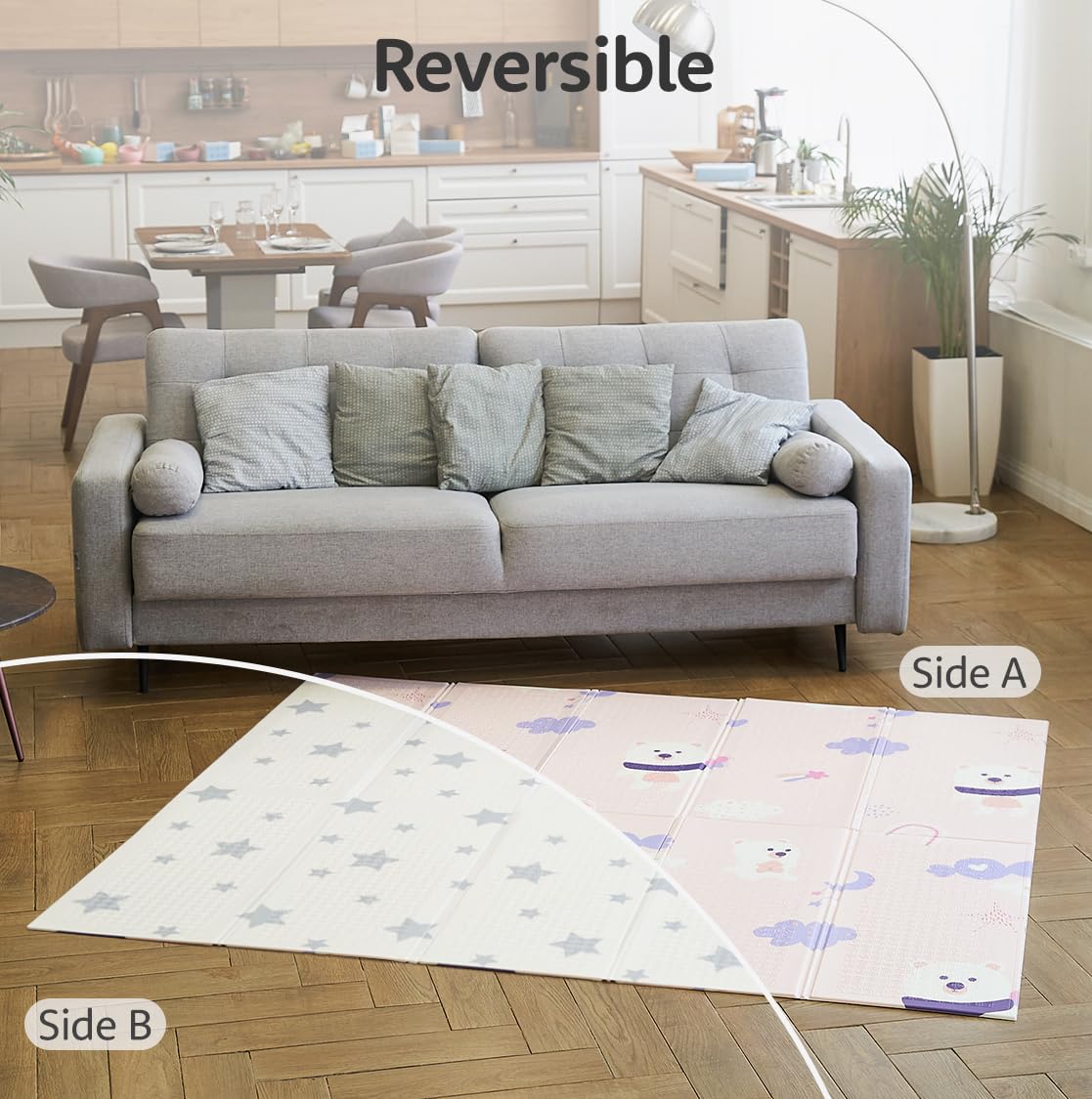 MIKMEL Children's Play Mat. XXL Reversible Foldable Foam Floor Mat. Playpen Baby Play Mat. Waterproof Child Crawling Mat (Bears/Stars)