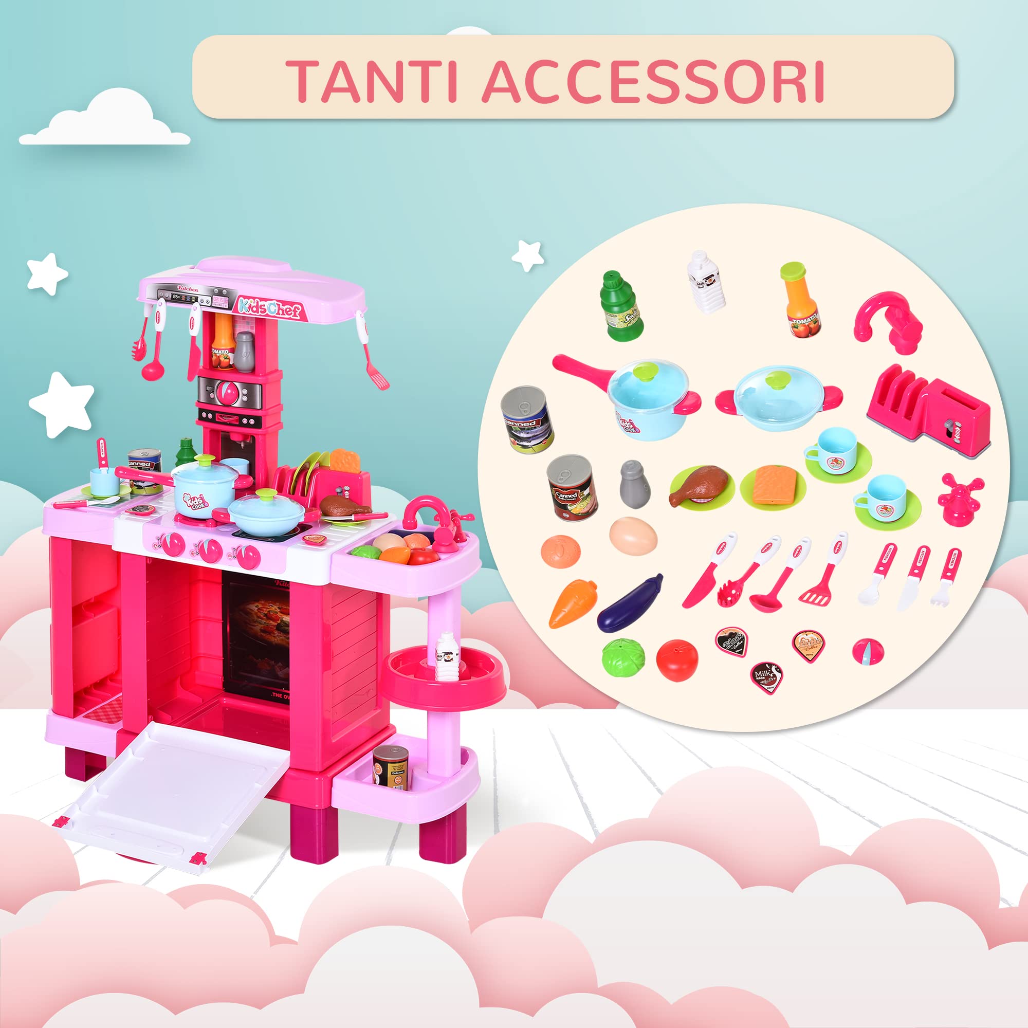 HOMCOM Cucina Giocattolo per Bambini con 38 Accessori Inclusi, Gioco con Luci e Suoni Realistici, 78x29x87cm, Rosa