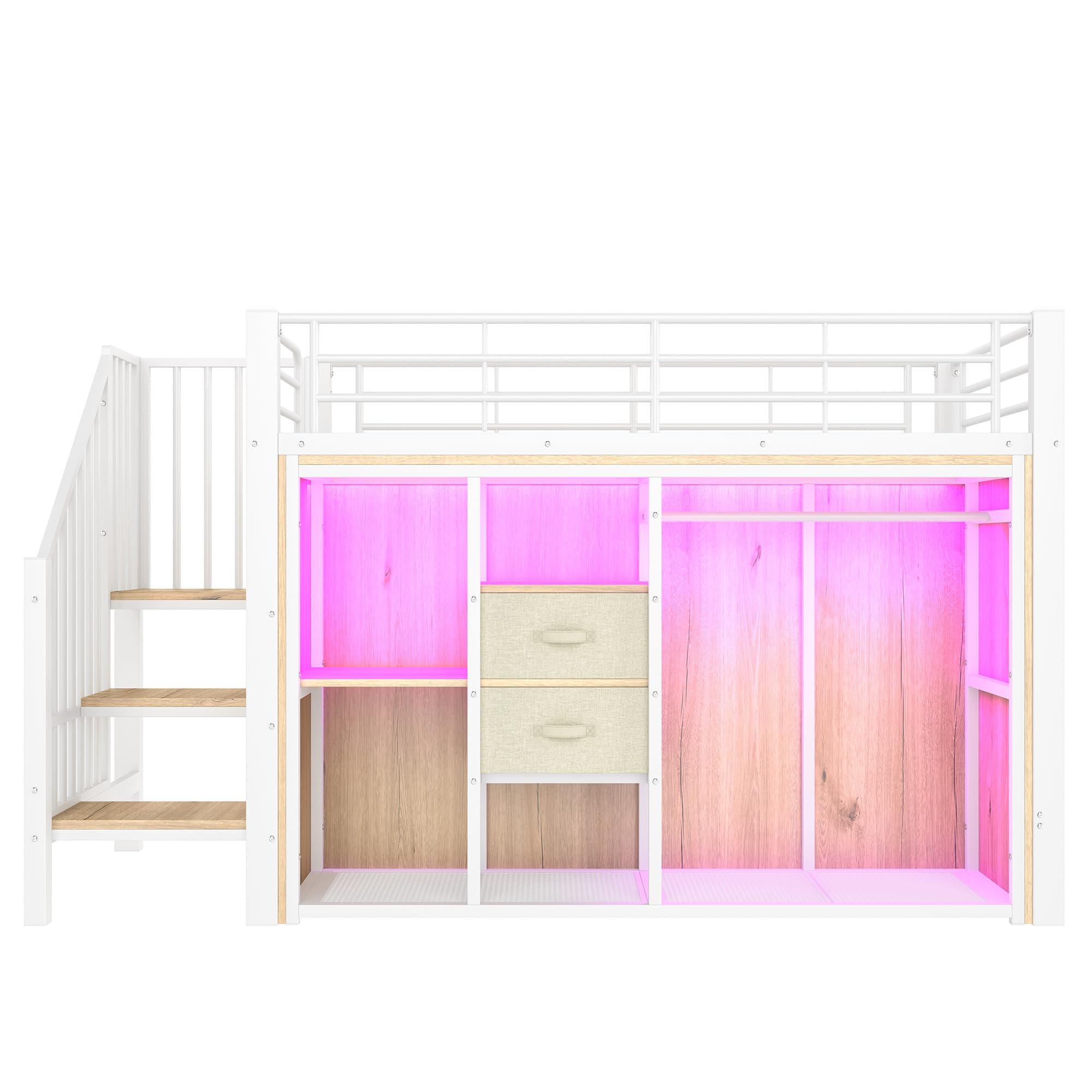 Idemon 90 x 200 cm, cama alta, 2 cajones, armario abierto, iluminación ambiental, muchos compartimentos de almacenamiento, colchón no incluido (blanco)