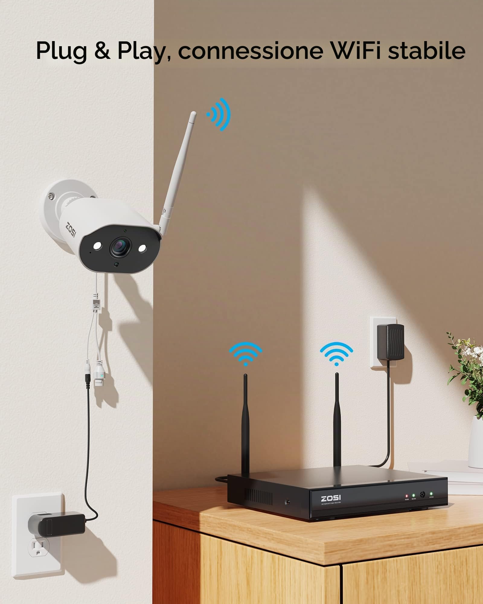 ZOSI 3MP Kit Videosorveglianza WiFi Esterno, 8CH 1TB NVR con 4x 3MP Telecamera WiFi, Audio Bidirezionale, Visione Notturna a Colori, Rilevamento di Persone, C302