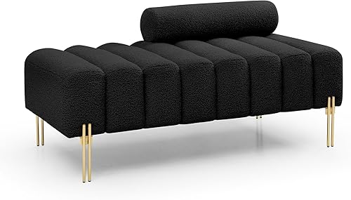 Miniatura 8 de Holaki Banco moderno de 53.2 pulgadas, cómodo sofá tapizado de tela sherpa, de 2 plazas, reposapiés, banco otomano con patas de metal dorado y