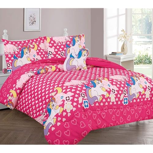 6 Piece Twin Girl Boy Teenager Toodler Comforter Bedding Bed in a Bag Complete Set Printed Comforter Sheets Pillowsham and Decorative Pillow (Unicorn Pink)
