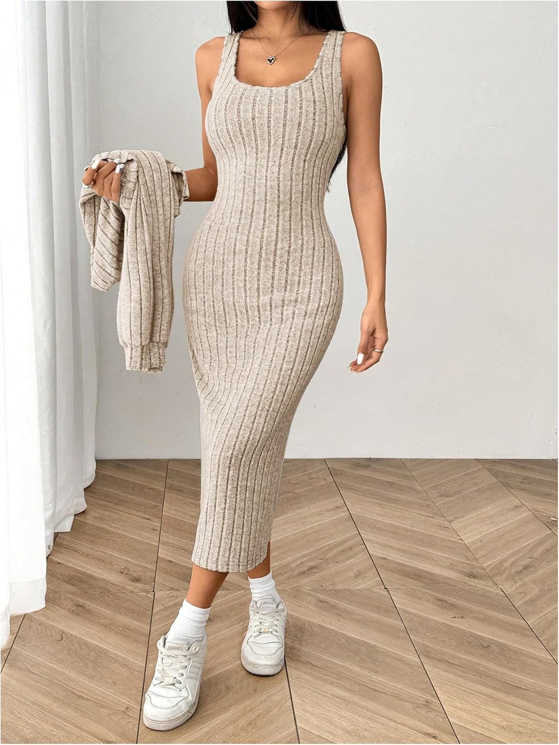 Milumia Women's 2 Piece Outfit Ribbed Square Neck Bodycon Tank Dress with Cropped Cardigan - Image 4