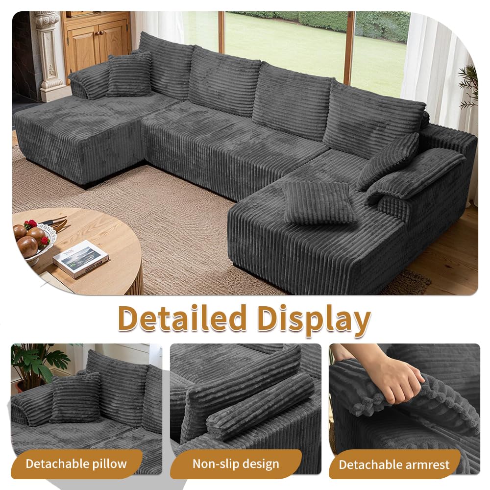 Sofa narożna w kształcie litery U, ciemnoszara, modułowa sofa ze sztruksu, kompresyjny zestaw wypoczynkowy z opakowaniem kompresyjnym – nie zajmuje dużo miejsca do salonu i rodziny