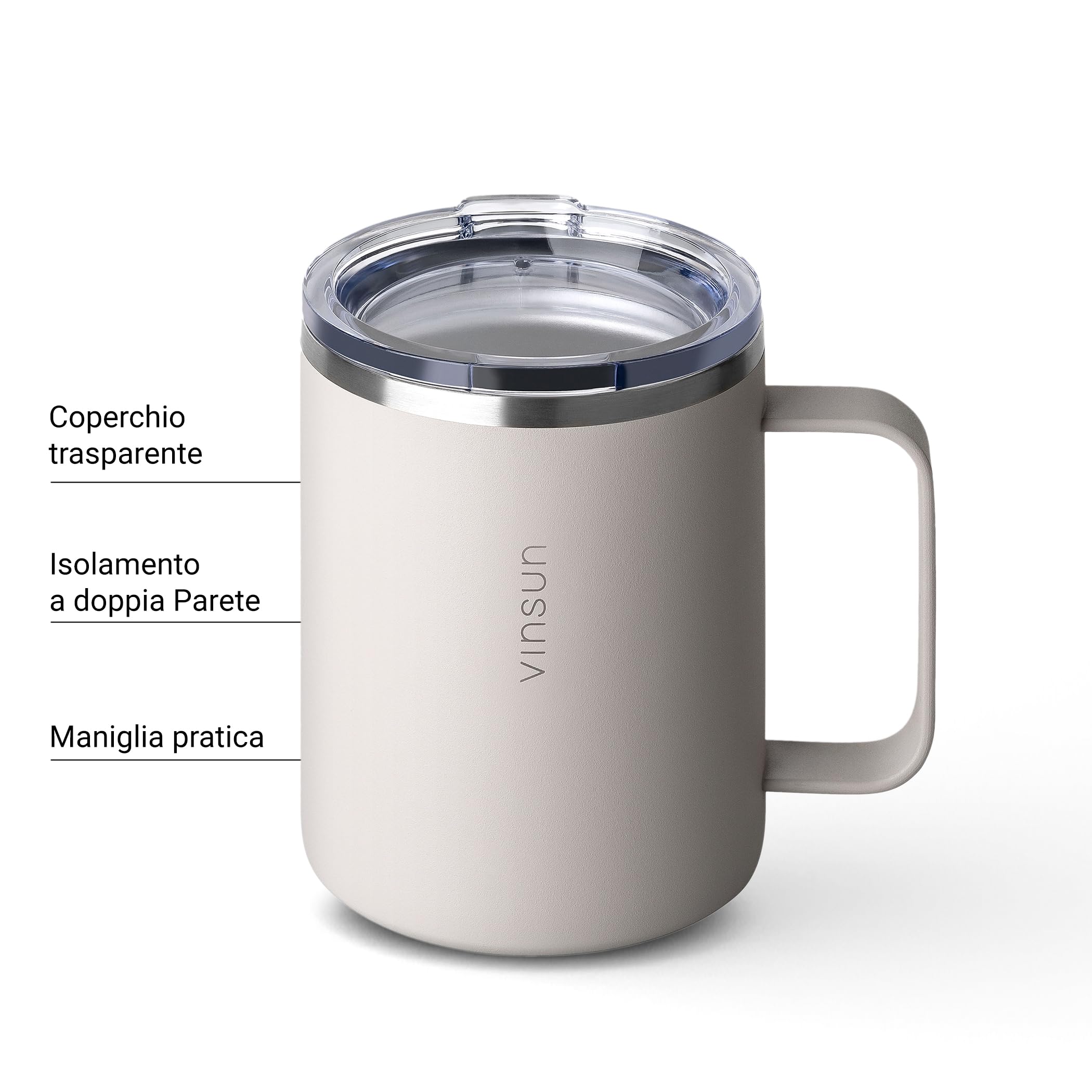 VINSUN Tazza Termica con Manico 350ml - Acciaio Inox, Coperchio Trasparente con Apertura per Bere, Senza BPA - Tazza da Viaggio Caffè per Ufficio, Scuola, Campeggio, Auto