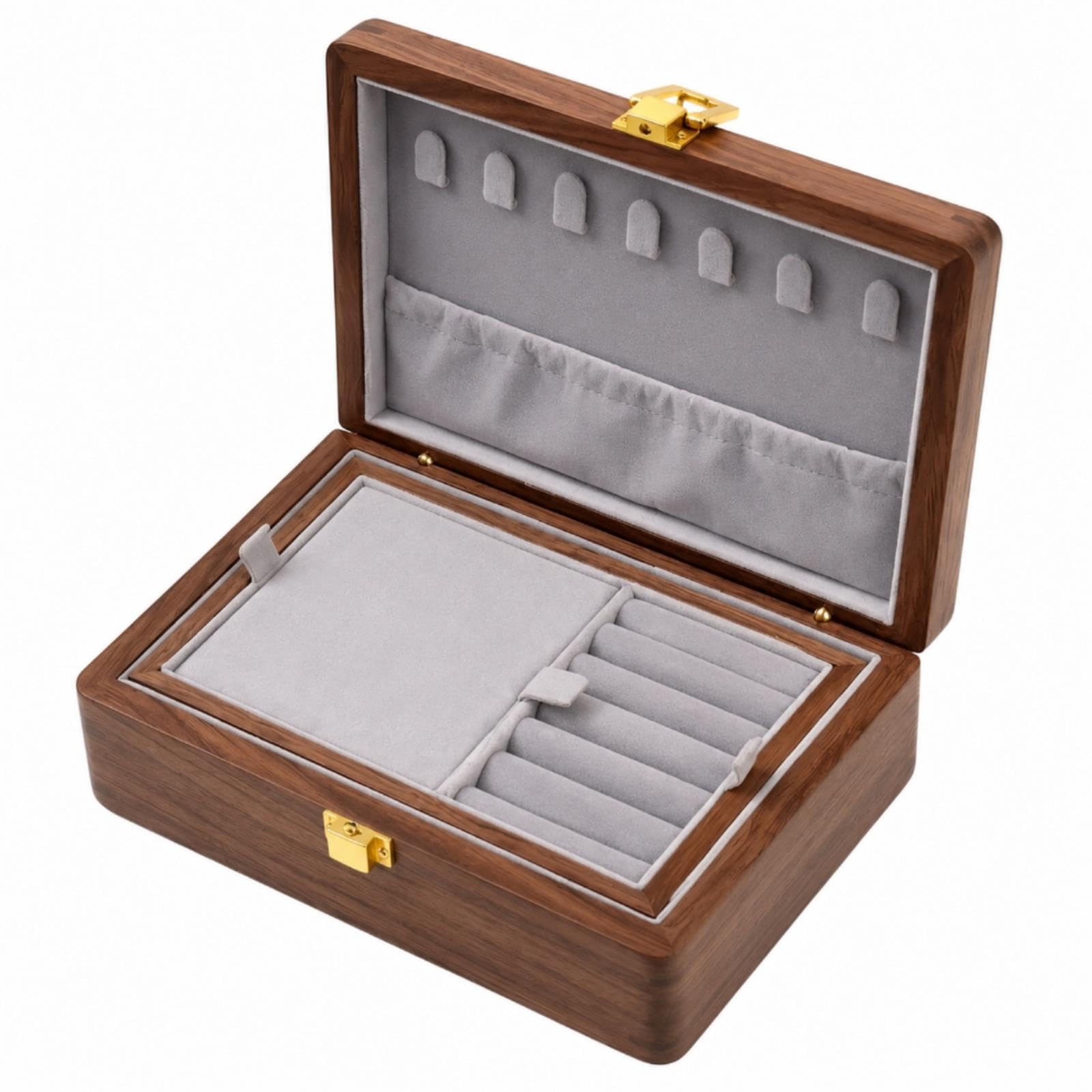 Wooden Jewelry Box Soft-Lined Walnut Jewelry Box Organizer for Women, Dresser, Vanity, Bedside Table 17x12x7cm 2-layer Walnut Gray-image-3